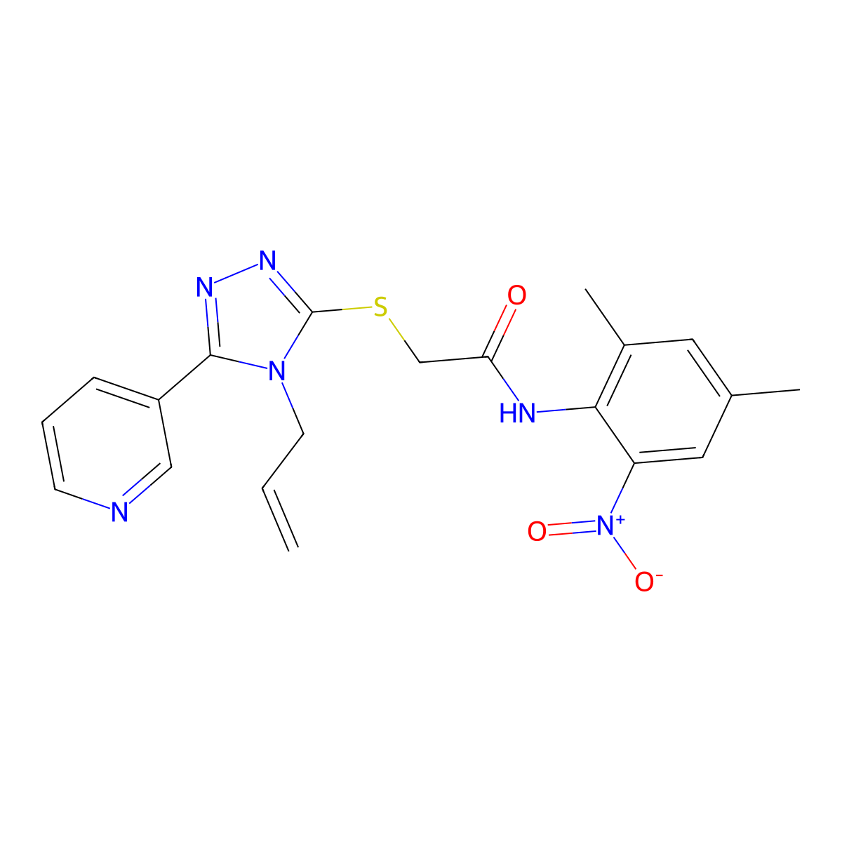 N-(2,4-dimethyl-6-nitrophenyl)-2-[(4-prop-2-enyl-5-pyridin-3-yl-1,2,4-triazol-3-yl)sulfanyl]acetamide molecular structure, CAS 727421-77-4