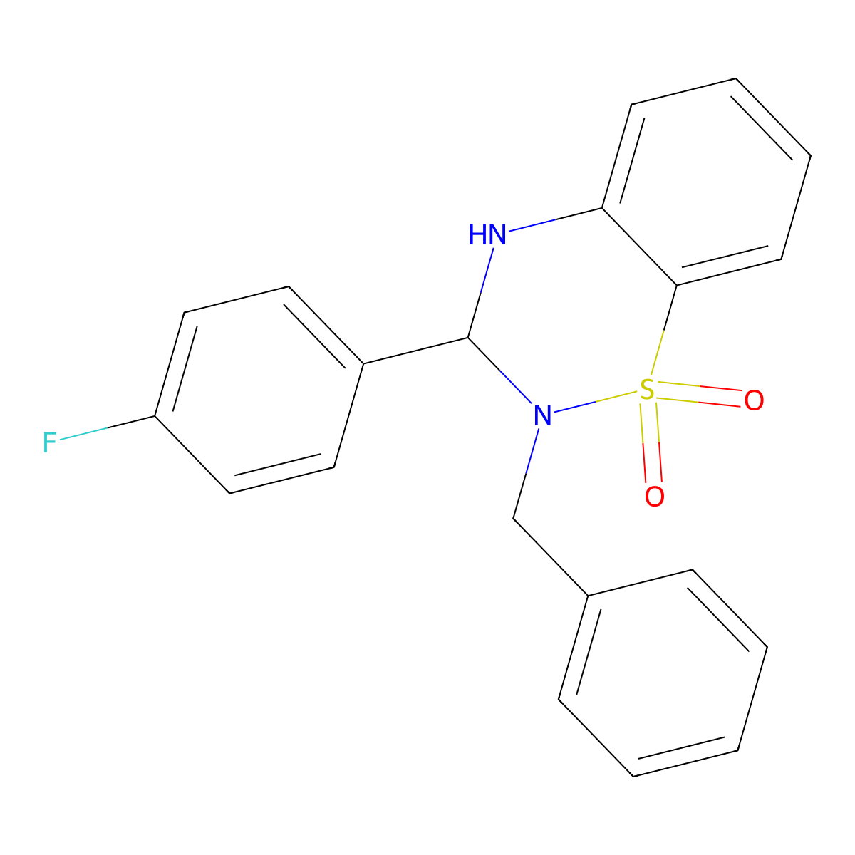 2H-1,2,4-Benzothiadiazine, 3-(4-fluorophenyl)-3,4-dihydro-2-(phenylmethyl)-, 1,1-dioxide molecular structure, CAS 727421-96-7