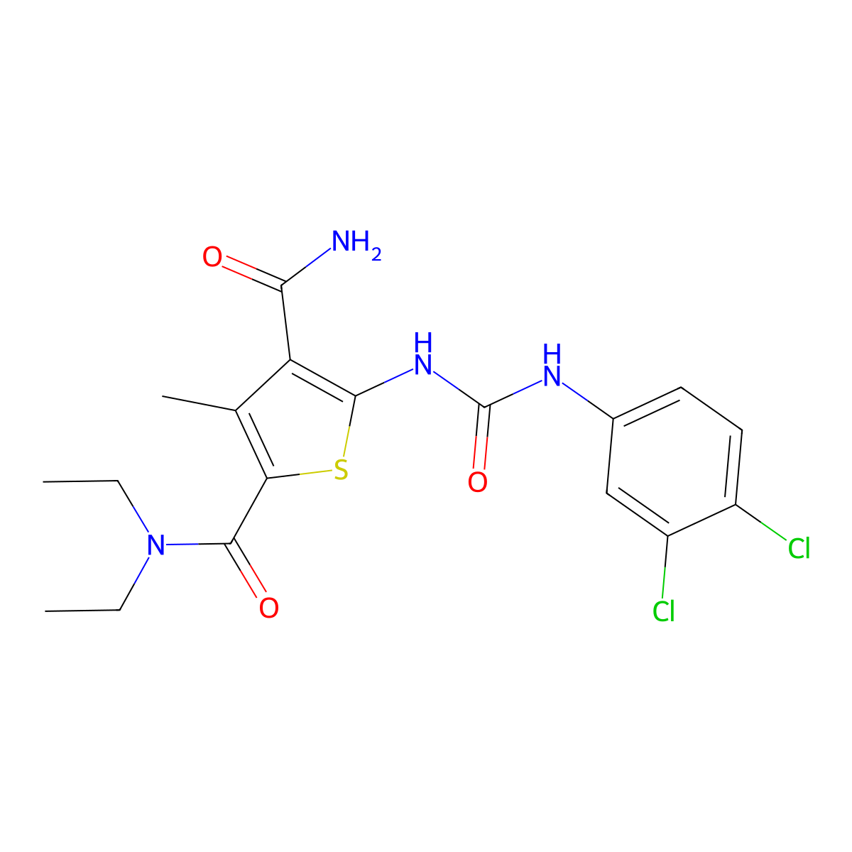 5-[(3,4-dichlorophenyl)carbamoylamino]-2-N,2-N-diethyl-3-methylthiophene-2,4-dicarboxamide molecular structure, CAS 727656-20-4