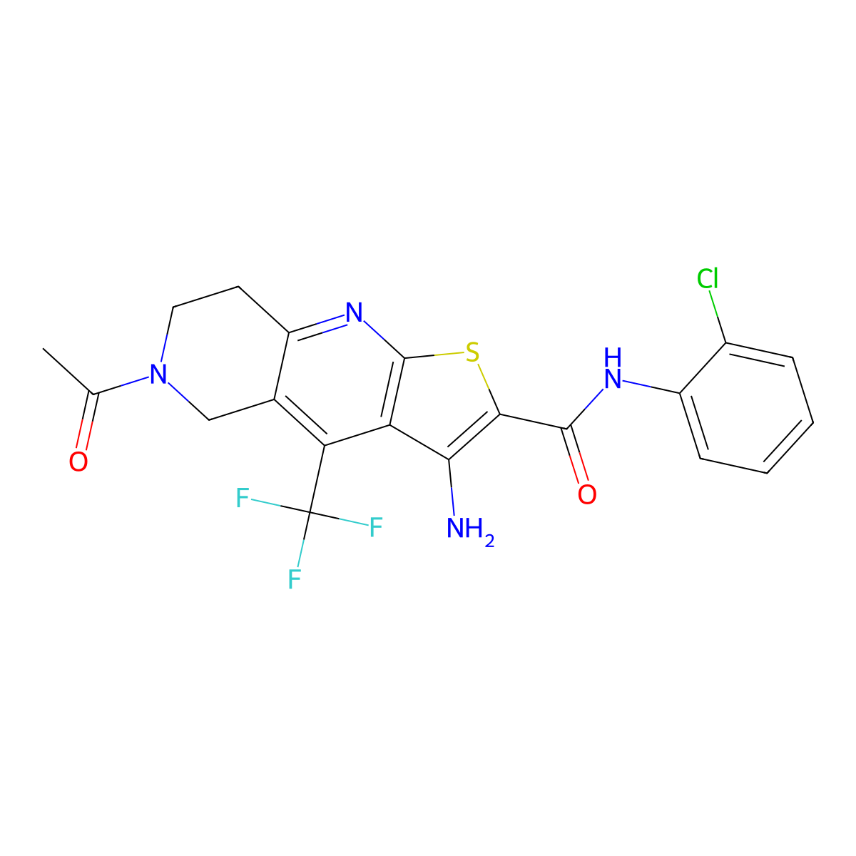 6-acetyl-3-amino-N-(2-chlorophenyl)-4-(trifluoromethyl)-7,8-dihydro-5H-thieno[2,3-b][1,6]naphthyridine-2-carboxamide molecular structure, CAS 727661-18-9