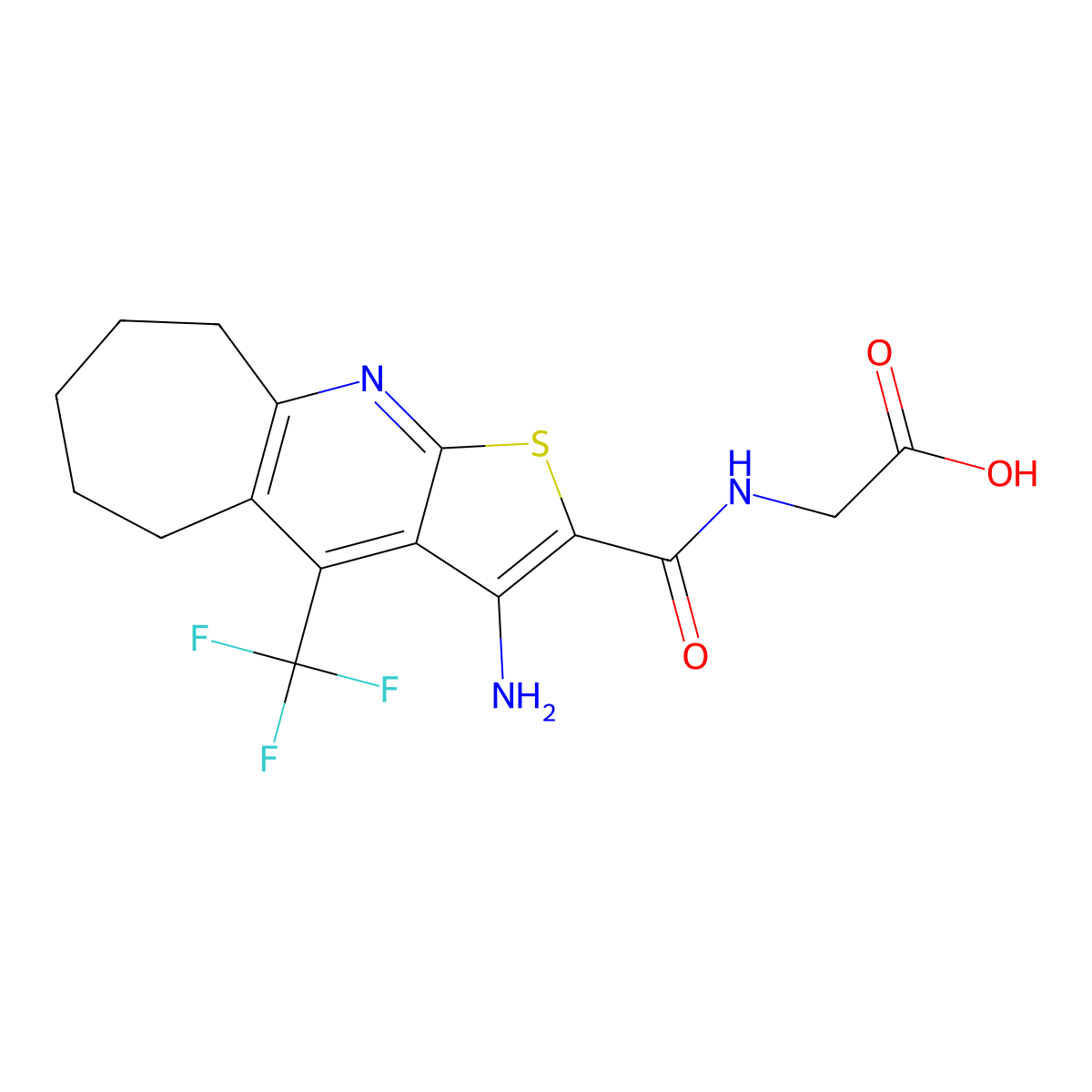 ({[3-amino-4-(trifluoromethyl)-6,7,8,9-tetrahydro-5H-cyclohepta[b]thieno[3,2-e]pyridin-2-yl]carbonyl}amino)acetic acid molecular structure, CAS 727662-16-0