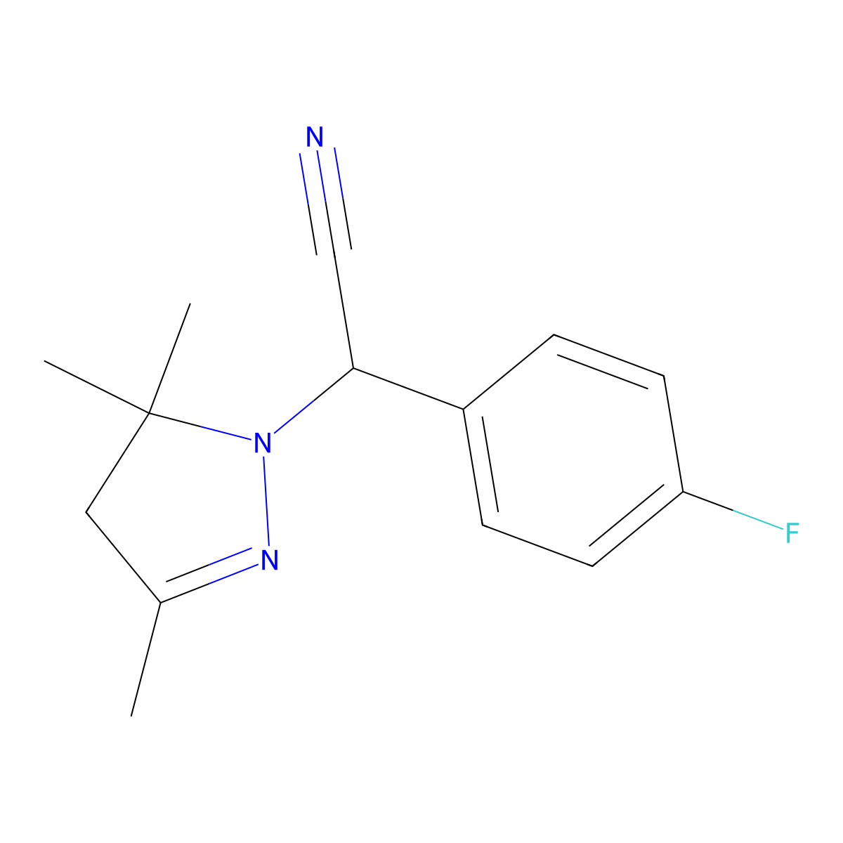 (4-fluorophenyl)(3,5,5-trimethyl-4,5-dihydro-1H-pyrazol-1-yl)acetonitrile molecular structure, CAS 727662-18-2