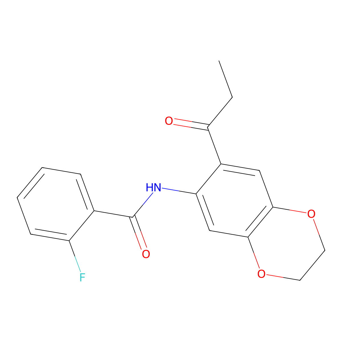2-fluoro-N-(7-propanoyl-2,3-dihydro-1,4-benzodioxin-6-yl)benzamide molecular structure, CAS 727662-20-6
