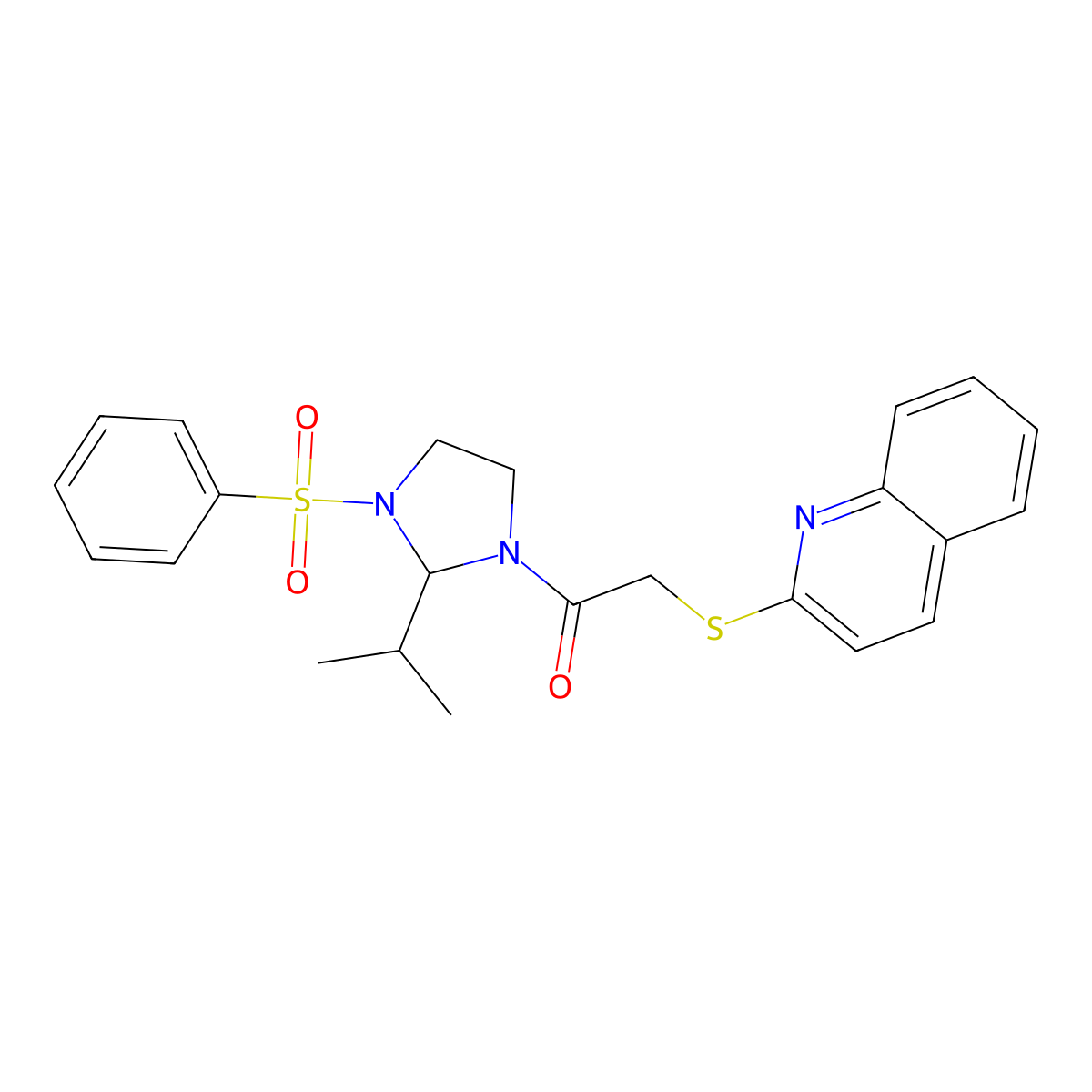1-[3-(Benzenesulfonyl)-2-propan-2-ylimidazolidin-1-yl]-2-quinolin-2-ylsulfanylethanone molecular structure, CAS 727663-00-5