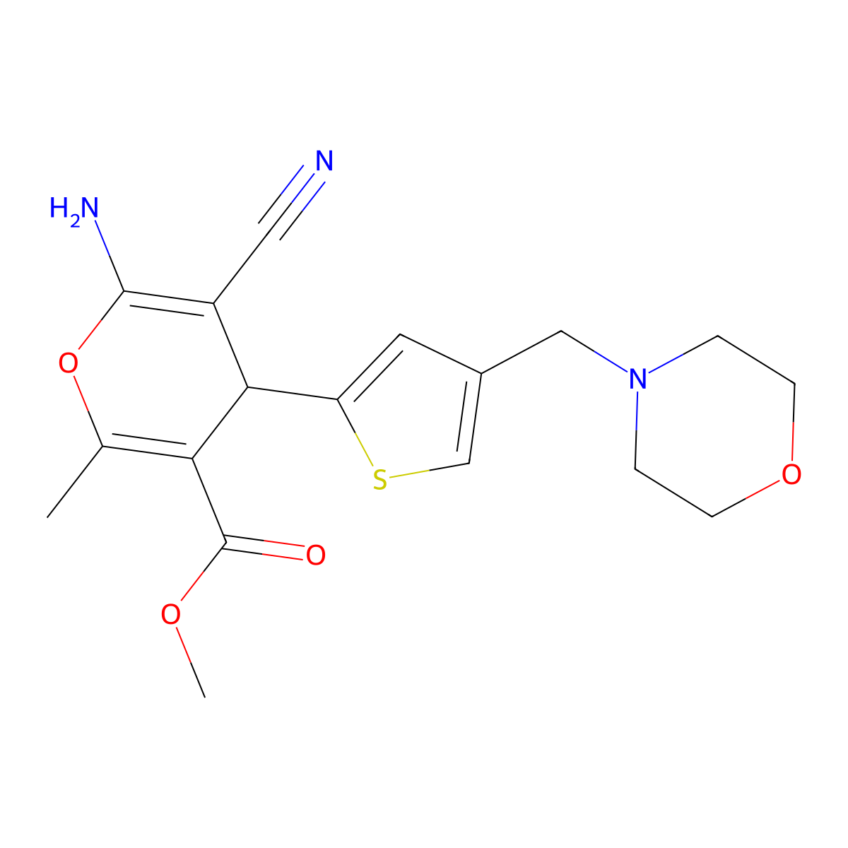 methyl 6-amino-5-cyano-2-methyl-4-[4-(morpholin-4-ylmethyl)thiophen-2-yl]-4H-pyran-3-carboxylate molecular structure, CAS 727663-31-2