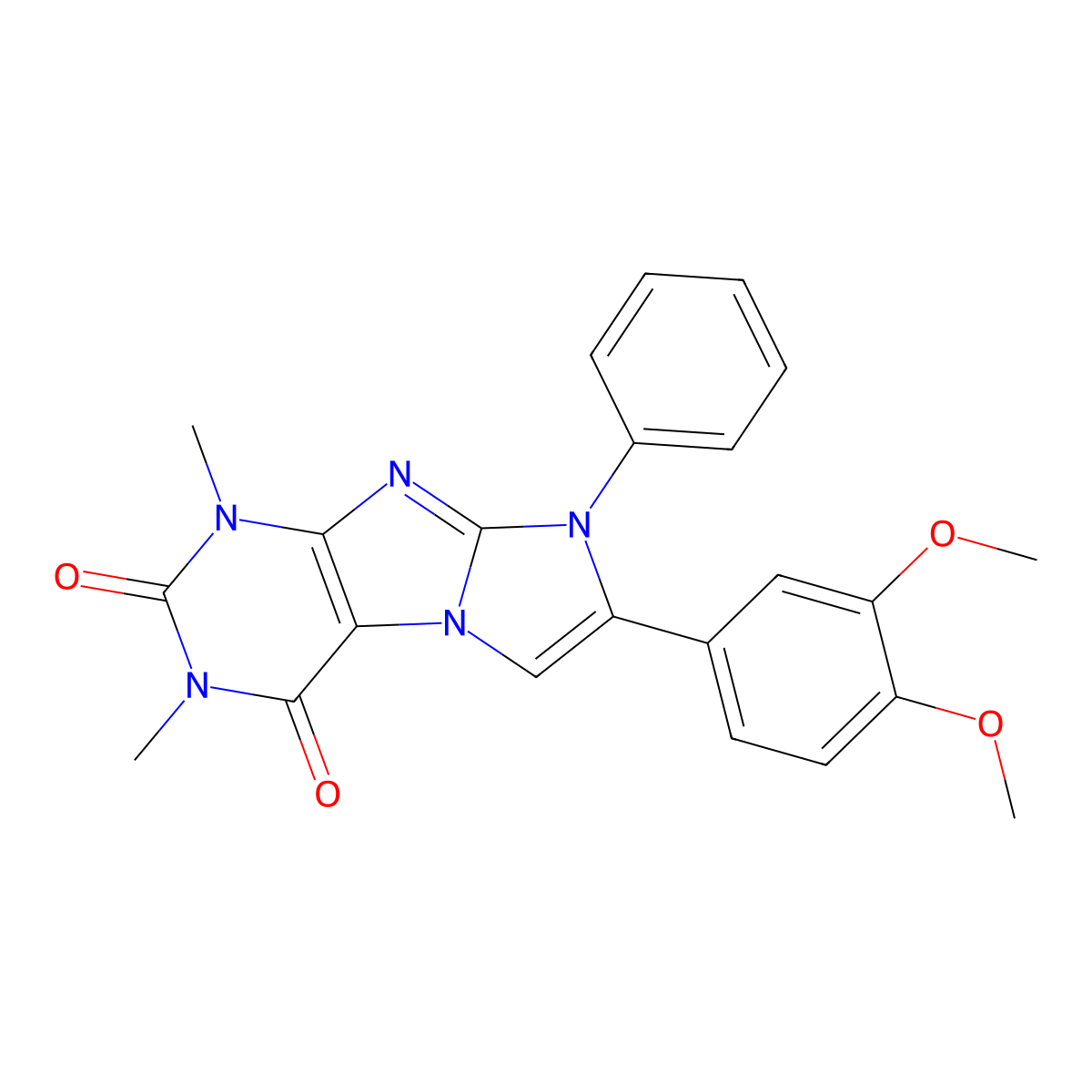 1H-Imidazo(2,1-f)purine-2,4(3H,8H)-dione, 7-(3,4-dimethoxyphenyl)-1,3-dimethyl-8-phenyl- molecular structure, CAS 727664-37-1