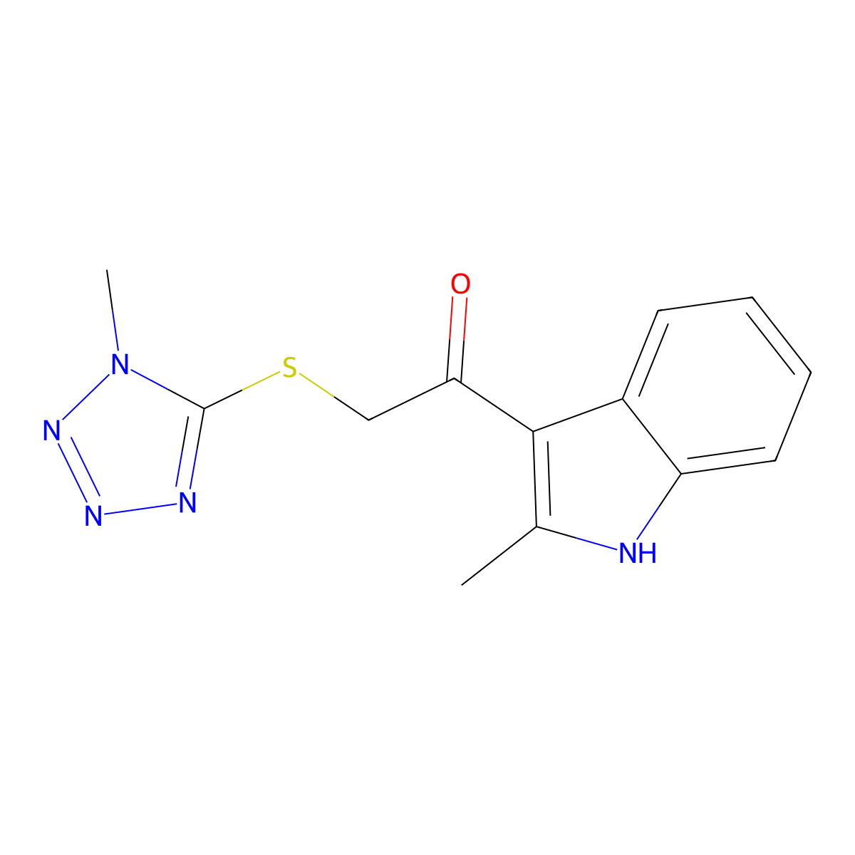 1-Ethanone, 1-(2-methyl-1H-indol-3-yl)-2-[(1-methyl-1H-1,2,3,4-tetrazol-5-yl)thio]- molecular structure, CAS 727664-62-2