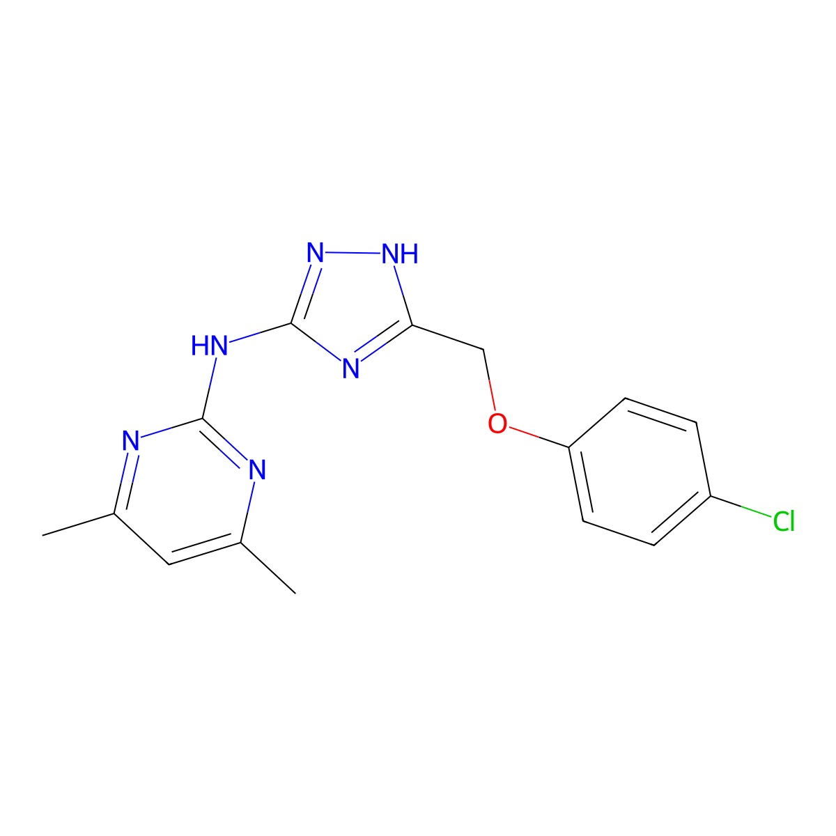 2-Pyrimidinamine, N-[5-[(4-chlorophenoxy)methyl]-1H-1,2,4-triazol-3-yl]-4,6-dimethyl- molecular structure, CAS 727664-63-3