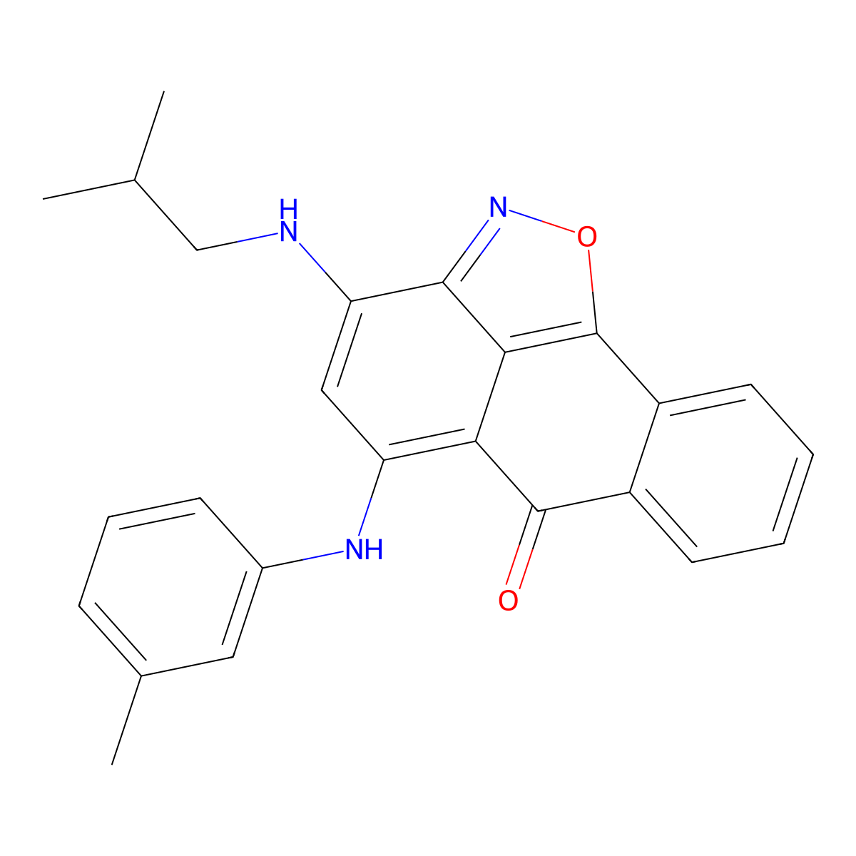 10-[(3-Methylphenyl)amino]-12-[(2-methylpropyl)amino]-15-oxa-14-azatetracyclo[7.6.1.0^{2,7}.0^{13,16}]hexadeca-1(16),2(7),3,5,9,11,13-heptaen-8-one molecular structure, CAS 727665-80-7