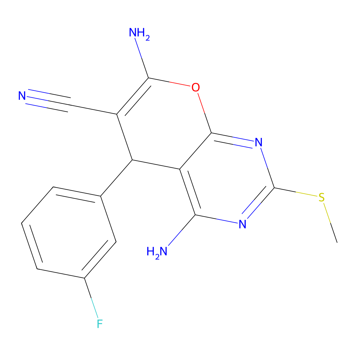 4,7-diamino-5-(3-fluorophenyl)-2-methylsulfanyl-5H-pyrano[2,3-d]pyrimidine-6-carbonitrile molecular structure, CAS 727666-63-9