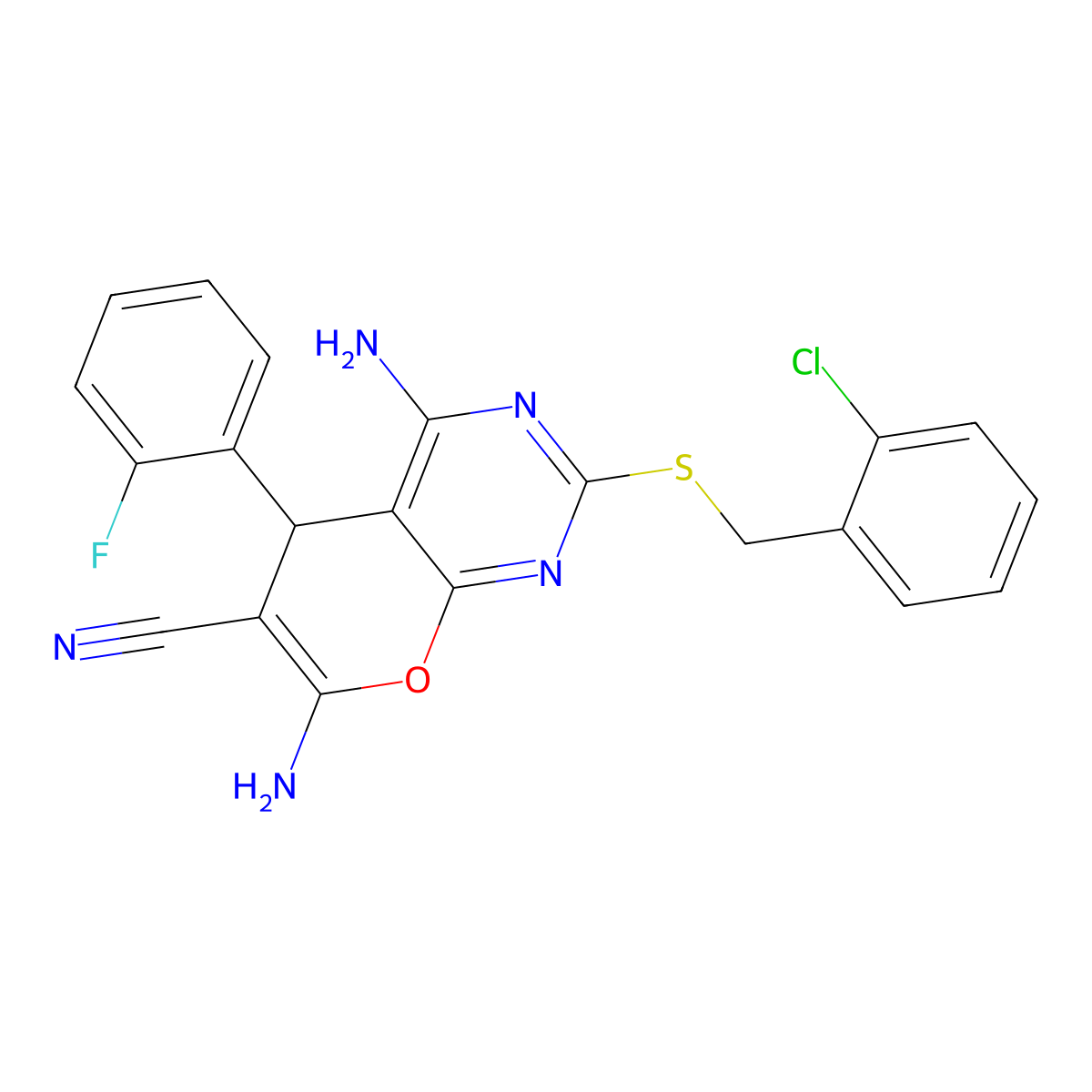 4,7-diamino-2-[(2-chlorophenyl)methylsulfanyl]-5-(2-fluorophenyl)-5H-pyrano[2,3-d]pyrimidine-6-carbonitrile molecular structure, CAS 727666-86-6