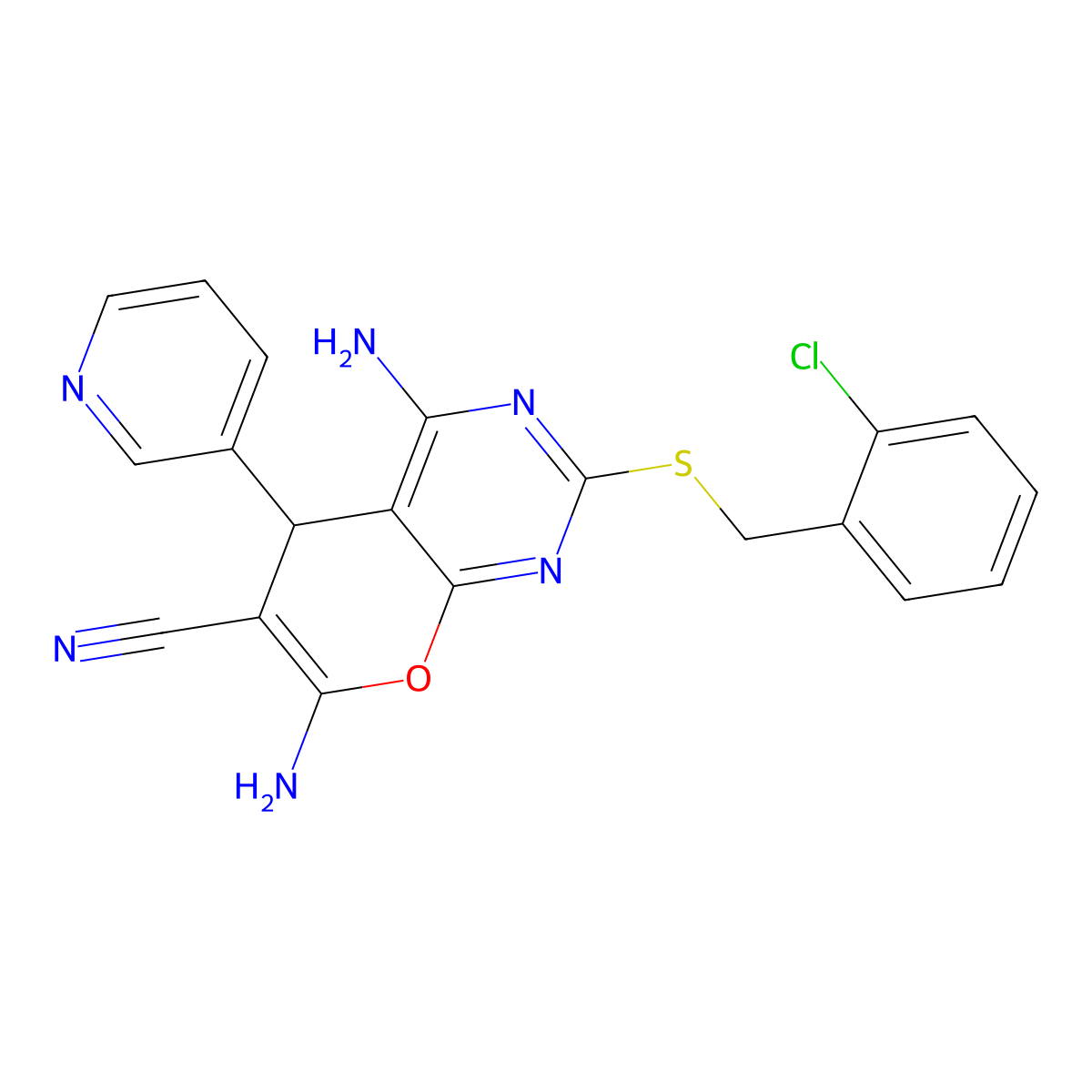 4,7-diamino-2-[(2-chlorophenyl)methylsulfanyl]-5-pyridin-3-yl-5H-pyrano[2,3-d]pyrimidine-6-carbonitrile molecular structure, CAS 727668-06-6