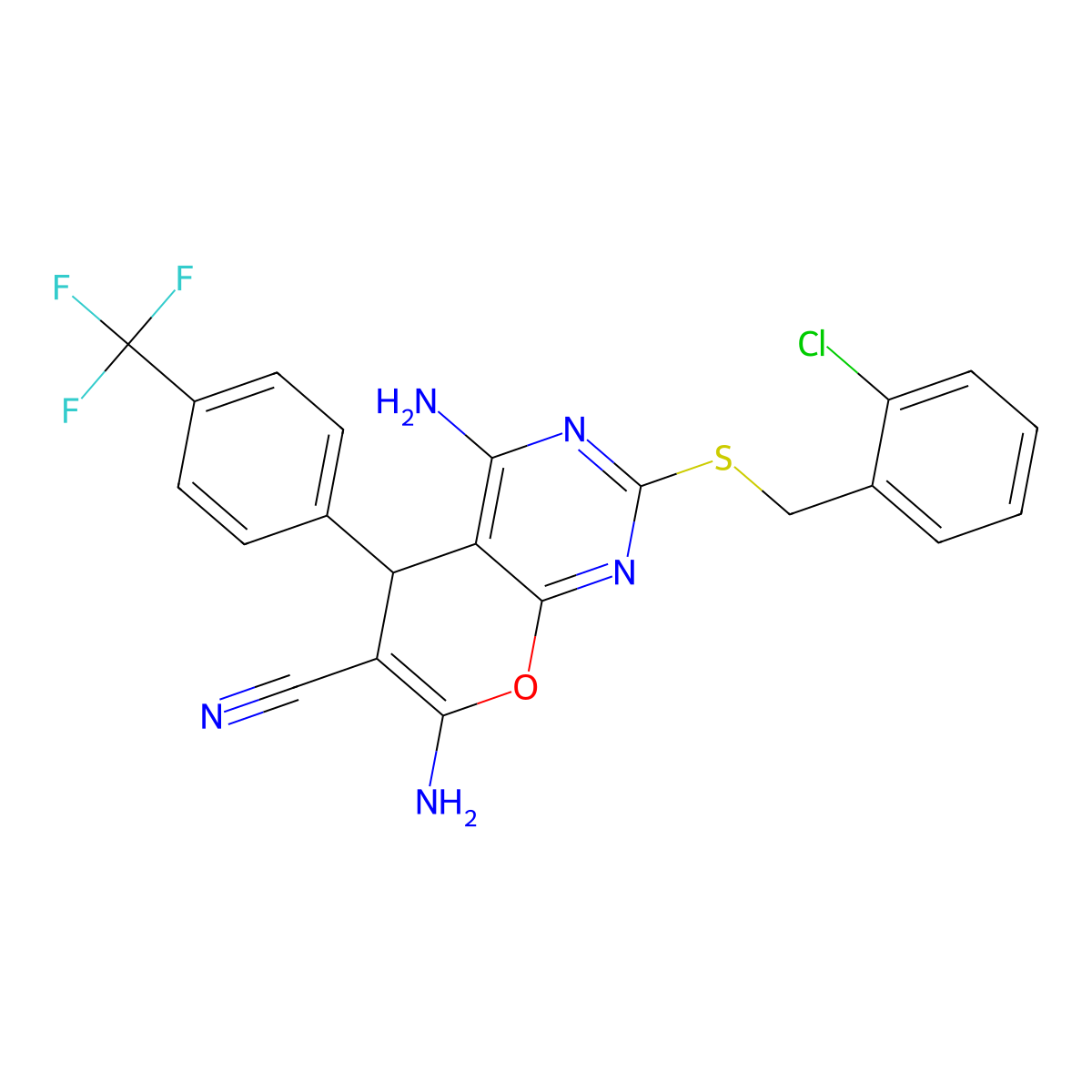 4,7-diamino-2-[(2-chlorophenyl)methylsulfanyl]-5-[4-(trifluoromethyl)phenyl]-5H-pyrano[2,3-d]pyrimidine-6-carbonitrile molecular structure, CAS 727668-13-5