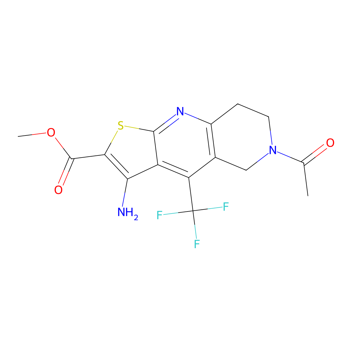 Methyl 6-acetyl-3-amino-4-(trifluoromethyl)-5,6,7,8-tetrahydrothieno[2,3-b][1,6]naphthyridine-2-carboxylate molecular structure, CAS 727671-17-2