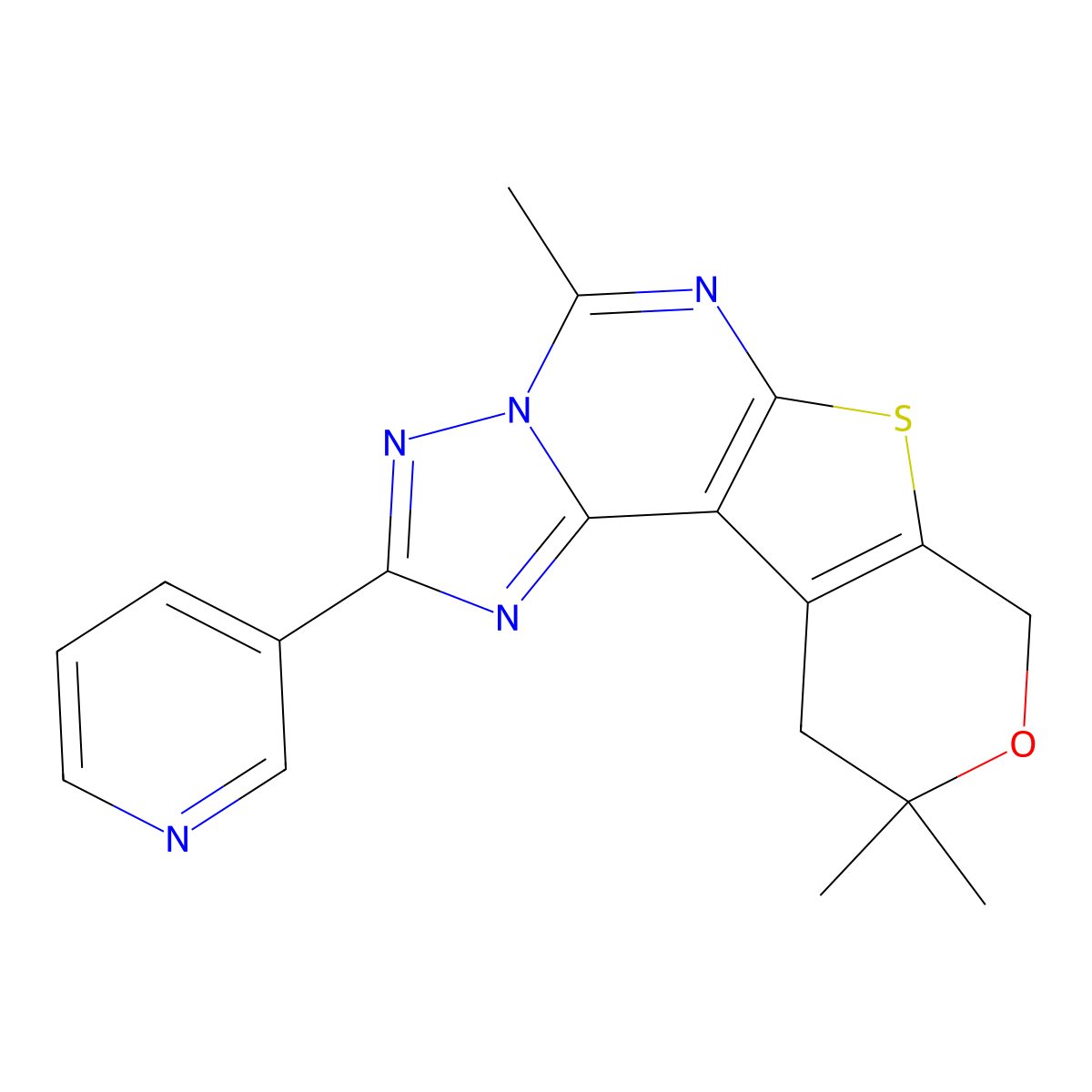 5,10,10-trimethyl-2-(pyridin-3-yl)-10,11-dihydro-8H-pyrano[4',3':4,5]thieno[3,2-e][1,2,4]triazolo[1,5-c]pyrimidine molecular structure, CAS 727674-00-2
