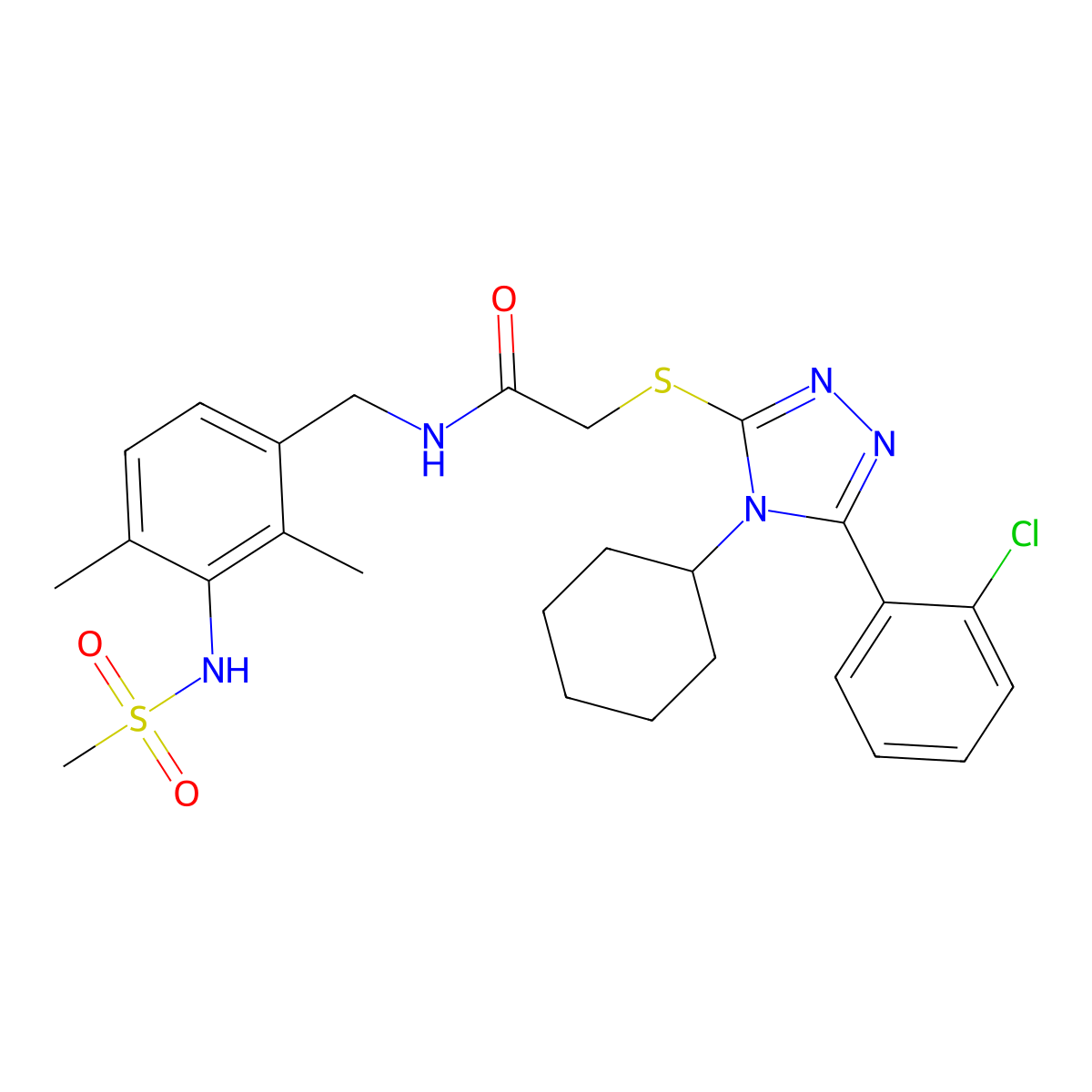 2-[[5-(2-chlorophenyl)-4-cyclohexyl-1,2,4-triazol-3-yl]sulfanyl]-N-[[3-(methanesulfonamido)-2,4-dimethylphenyl]methyl]acetamide molecular structure, CAS 727674-13-7