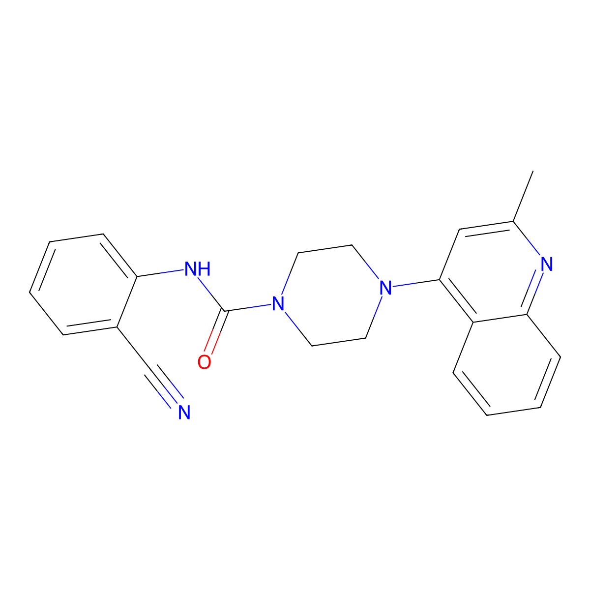 N-(2-cyanophenyl)-4-(2-methylquinolin-4-yl)piperazine-1-carboxamide molecular structure, CAS 727675-83-4