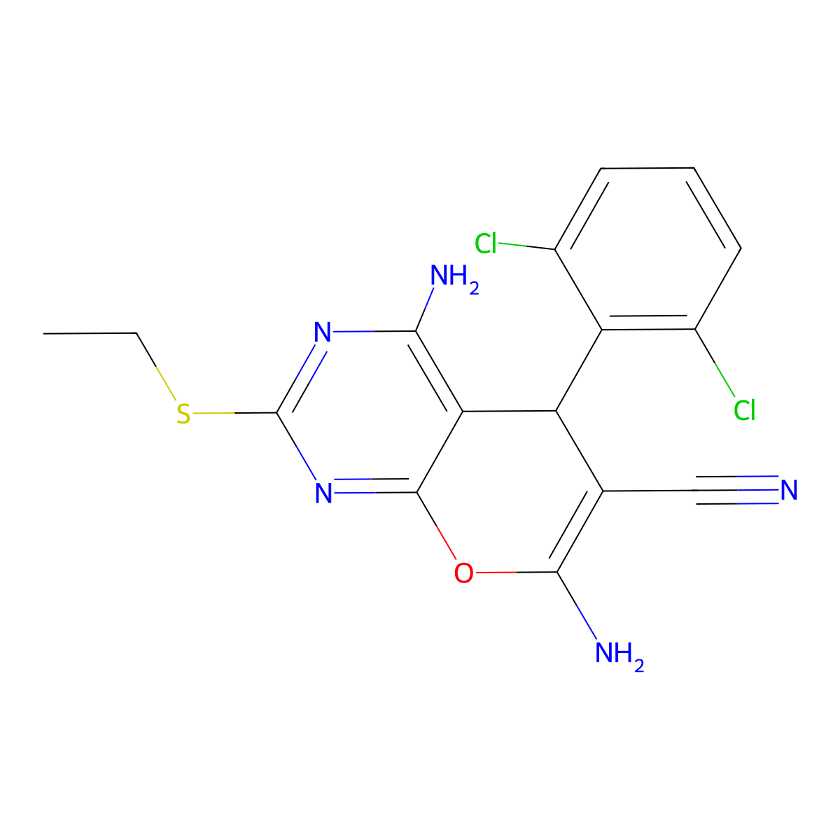 4,7-diamino-5-(2,6-dichlorophenyl)-2-ethylsulfanyl-5H-pyrano[2,3-d]pyrimidine-6-carbonitrile molecular structure, CAS 727679-02-9