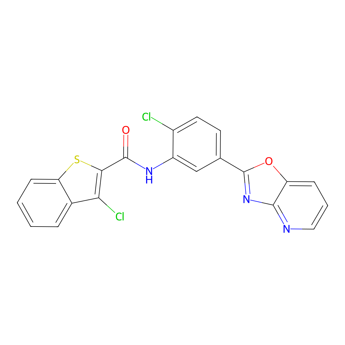 3-chloro-N-[2-chloro-5-([1,3]oxazolo[4,5-b]pyridin-2-yl)phenyl]-1-benzothiophene-2-carboxamide molecular structure, CAS 727679-24-5