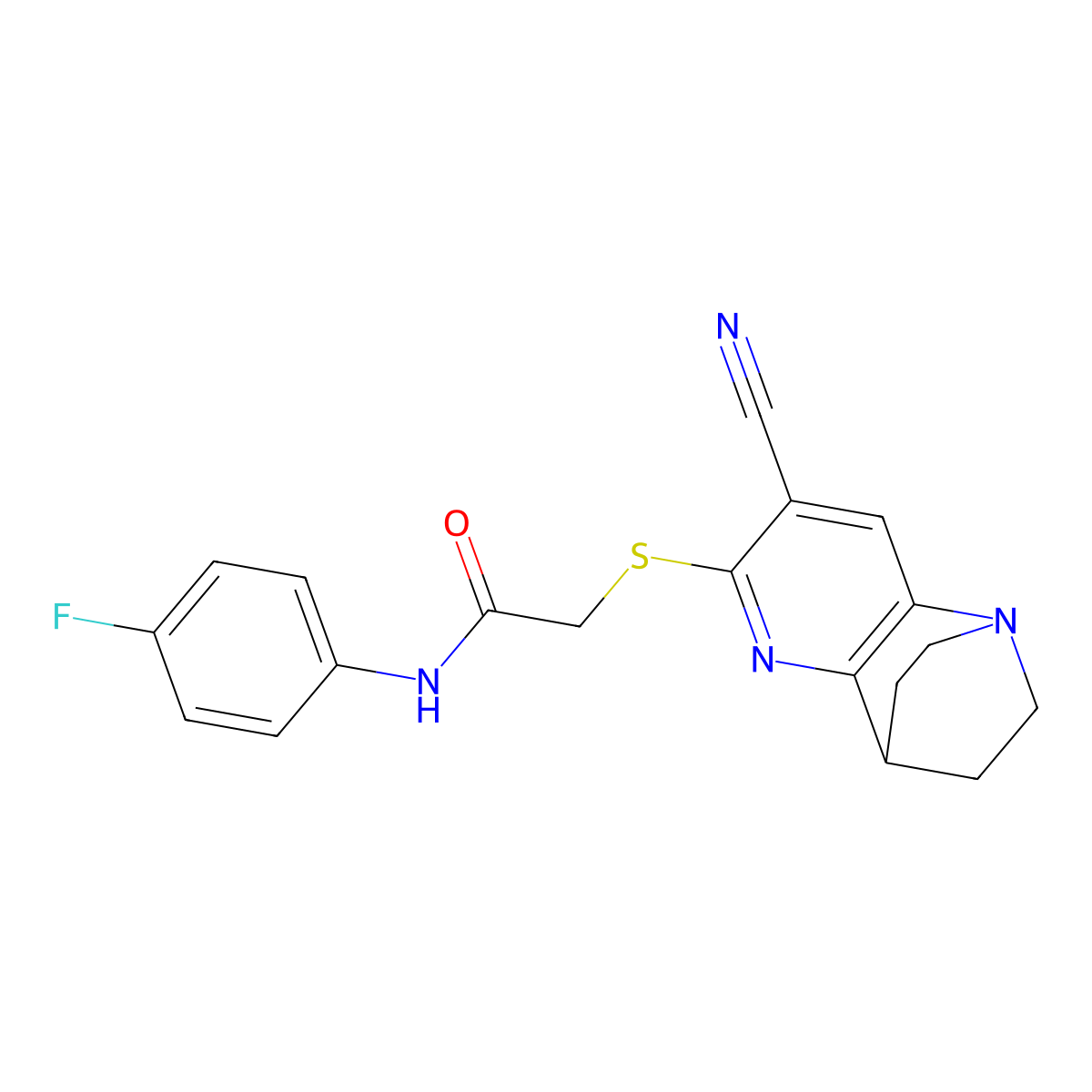 2-[(7-cyano-3,4-dihydro-2H-1,4-ethano-1,5-naphthyridin-6-yl)sulfanyl]-N-(4-fluorophenyl)acetamide molecular structure, CAS 727679-31-4