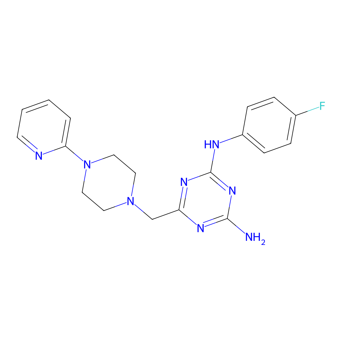 N2-(4-fluorophenyl)-6-[[4-(2-pyridinyl)-1-piperazinyl]methyl]-1,3,5-triazine-2,4-diamine molecular structure, CAS 727680-28-6