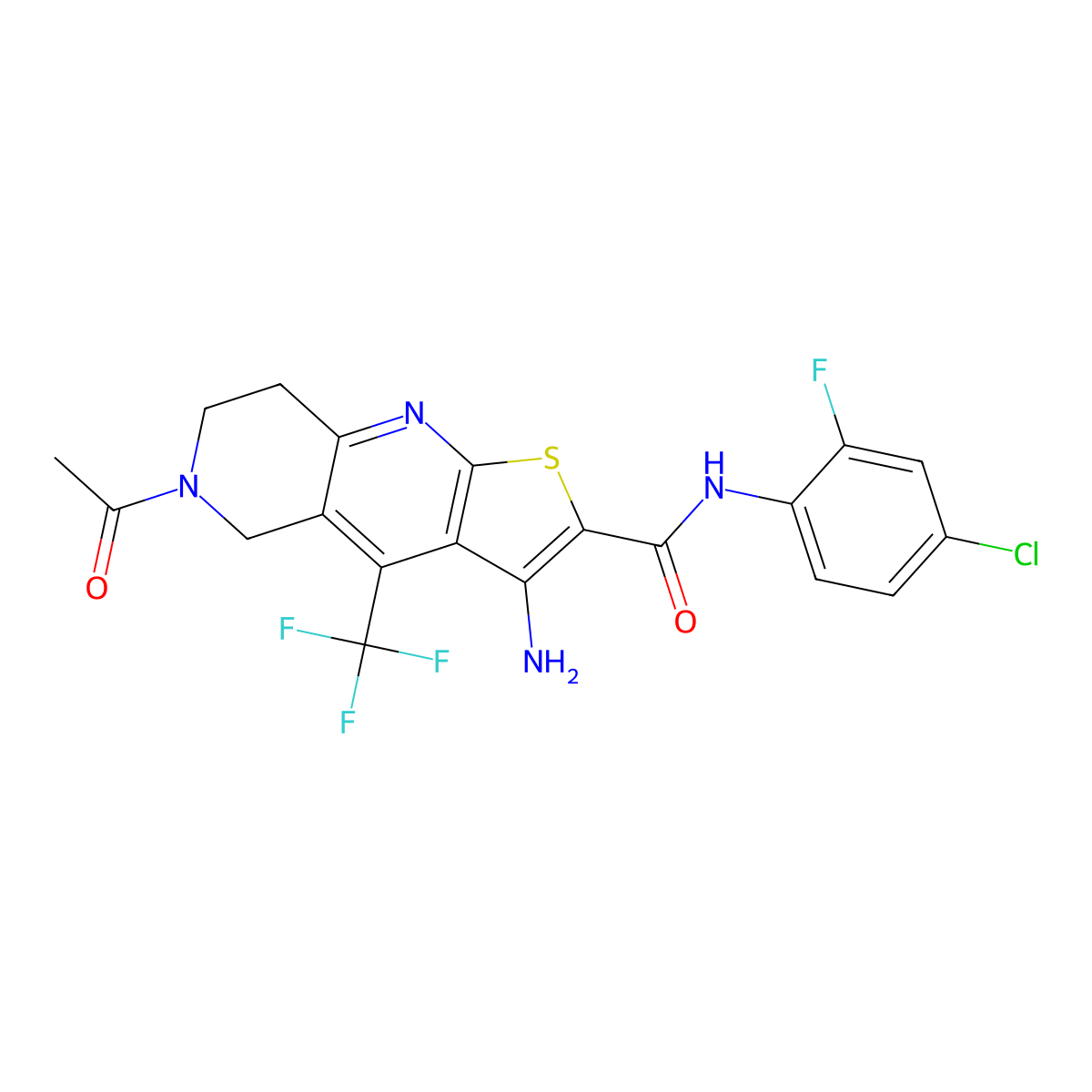 6-acetyl-3-amino-N-(4-chloro-2-fluorophenyl)-4-(trifluoromethyl)-5,6,7,8-tetrahydrothieno[2,3-b][1,6]naphthyridine-2-carboxamide molecular structure, CAS 727683-73-0