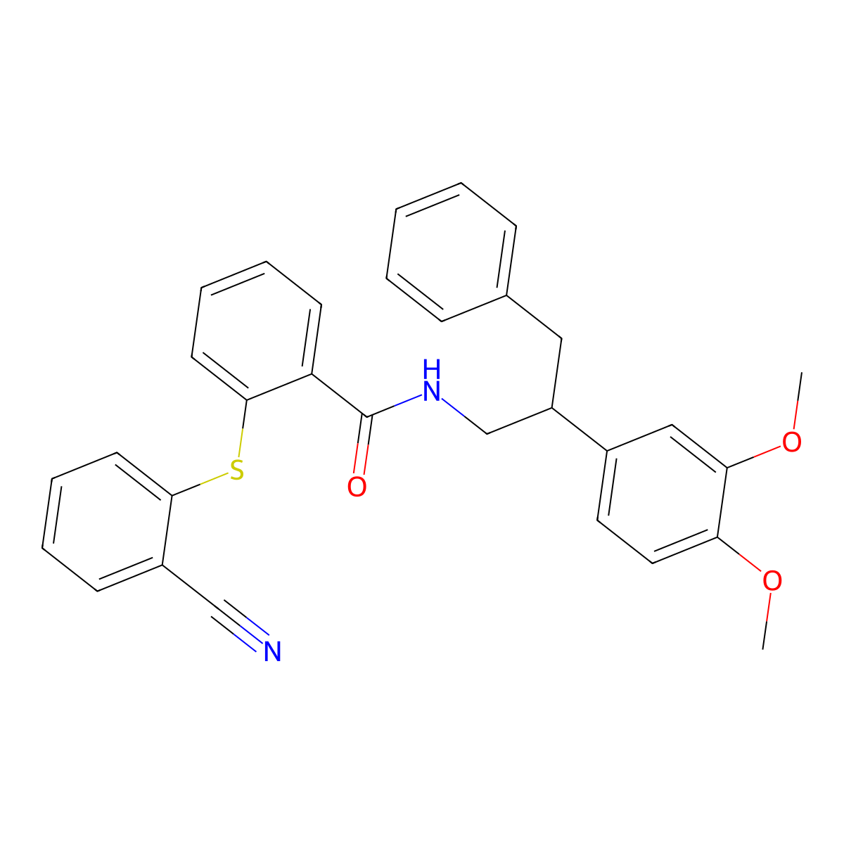 2-(2-cyanophenyl)sulfanyl-N-[2-(3,4-dimethoxyphenyl)-3-phenylpropyl]benzamide molecular structure, CAS 727684-35-7
