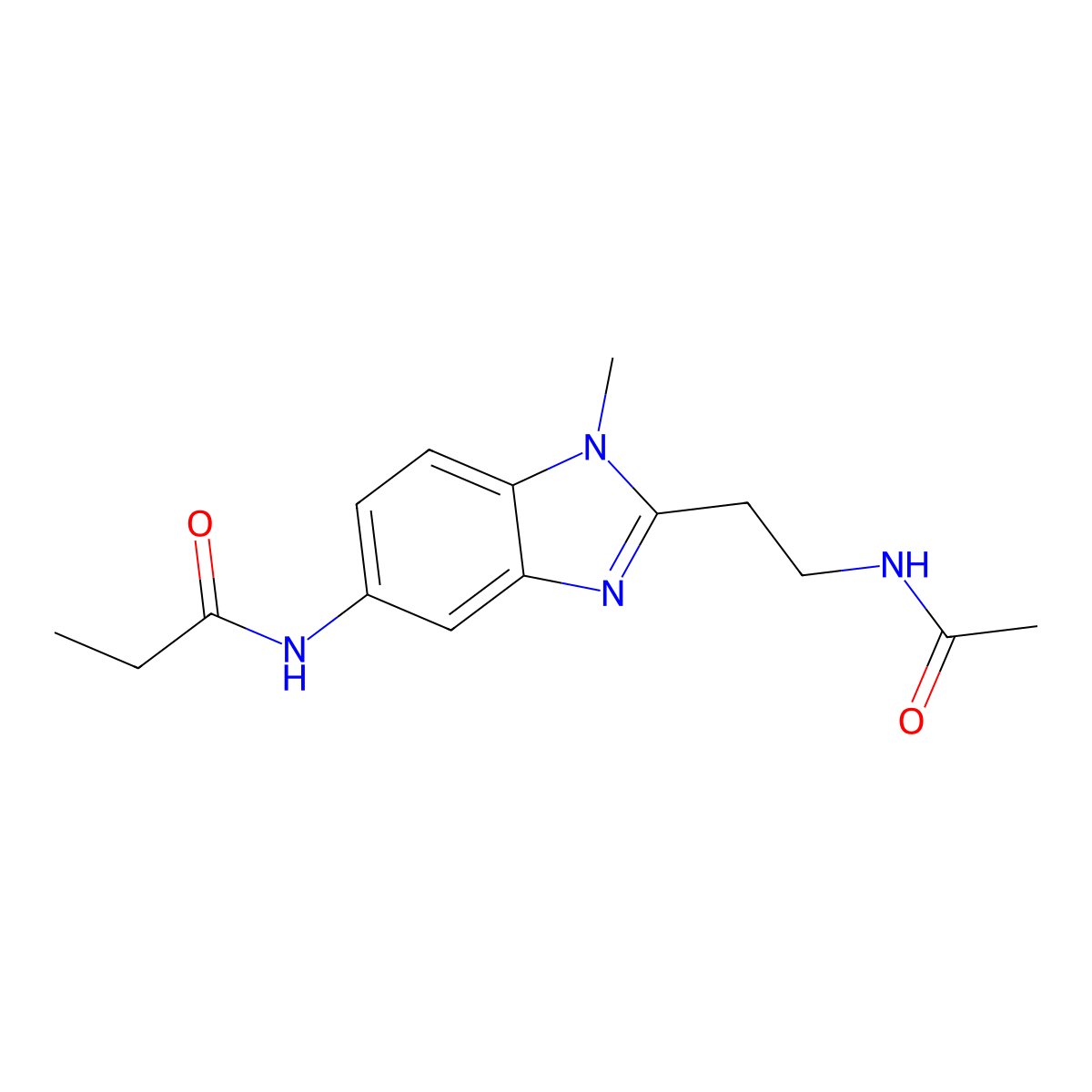 N-[2-(2-acetamidoethyl)-1-methylbenzimidazol-5-yl]propanamide molecular structure, CAS 727685-10-1