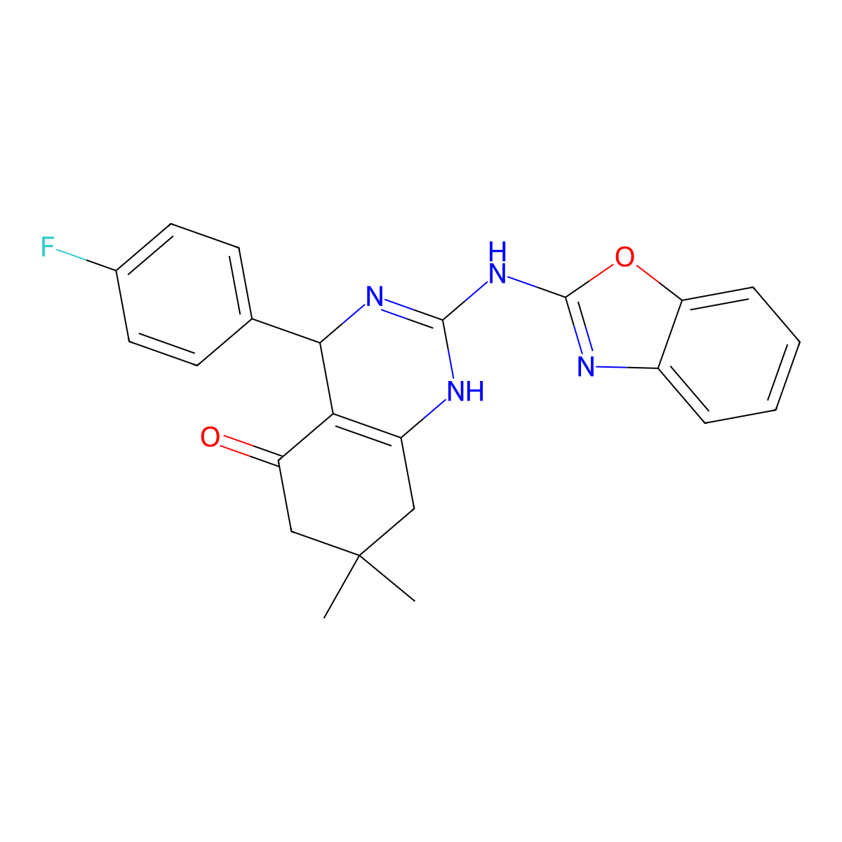 2-(1,3-benzoxazol-2-ylamino)-4-(4-fluorophenyl)-7,7-dimethyl-4,6,7,8-tetrahydroquinazolin-5(1H)-one molecular structure, CAS 727685-17-8