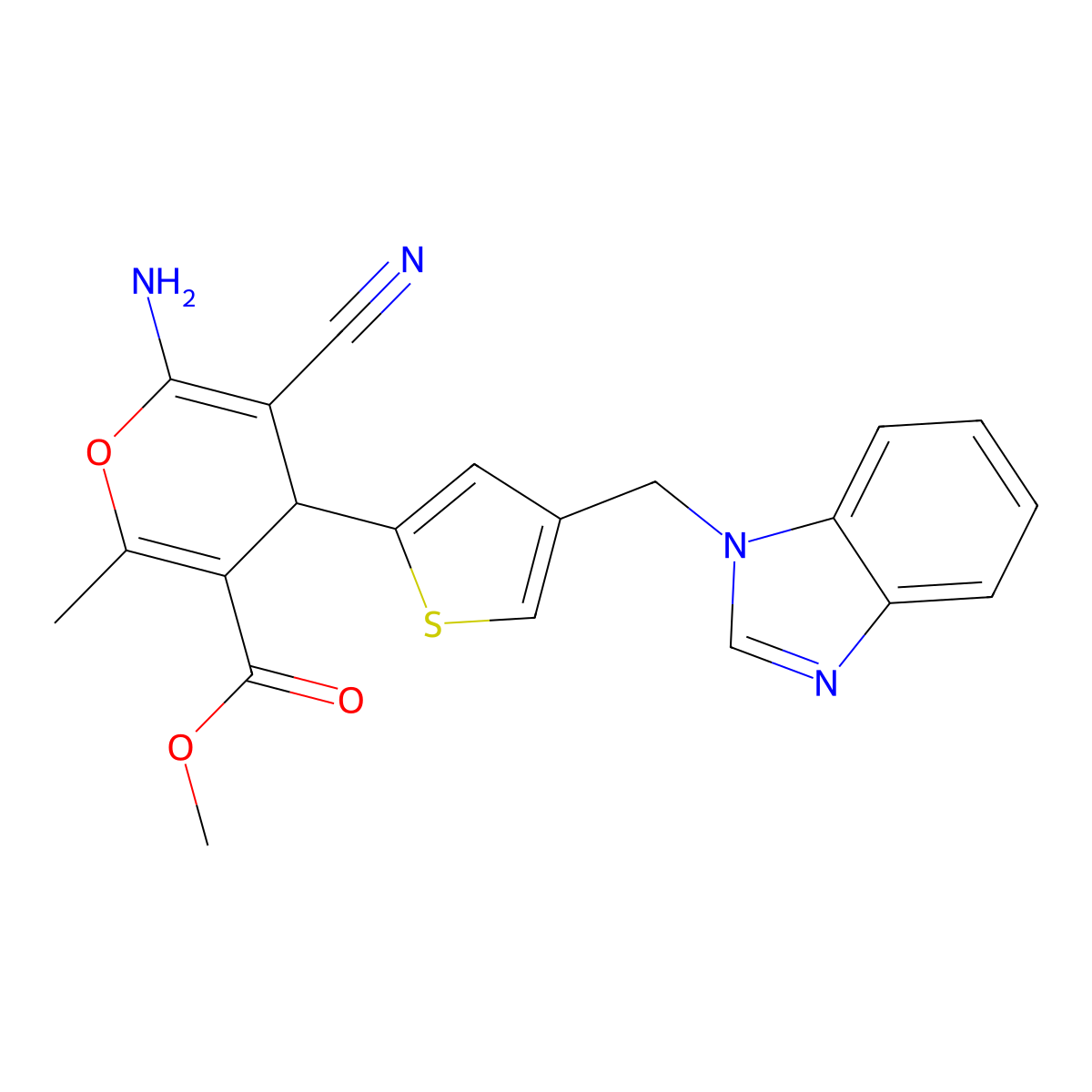 methyl 6-amino-4-[4-(1H-benzimidazol-1-ylmethyl)thiophen-2-yl]-5-cyano-2-methyl-4H-pyran-3-carboxylate molecular structure, CAS 727686-48-8