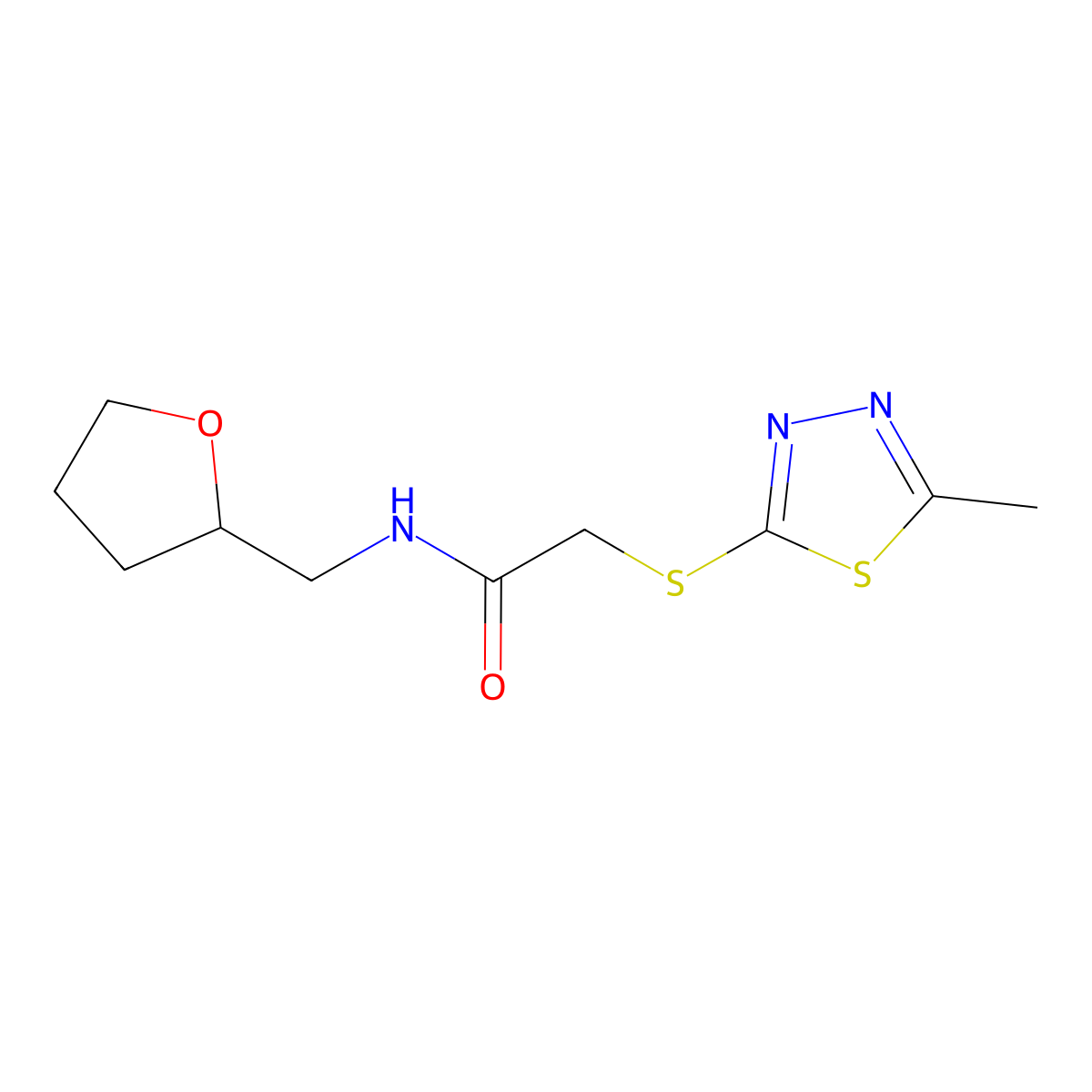 2-((5-methyl-1,3,4-thiadiazol-2-yl)thio)-N-((tetrahydrofuran-2-yl)methyl)acetamide molecular structure, CAS 727688-79-1