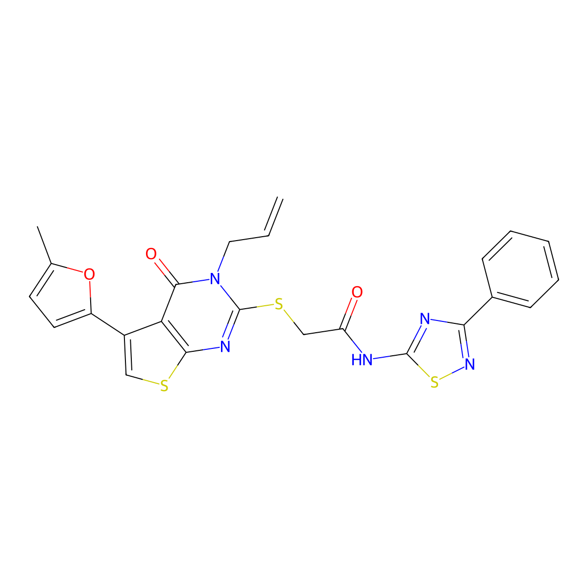 2-[5-(5-methylfuran-2-yl)-4-oxo-3-prop-2-enylthieno[2,3-d]pyrimidin-2-yl]sulfanyl-N-(3-phenyl-1,2,4-thiadiazol-5-yl)acetamide molecular structure, CAS 727688-81-5