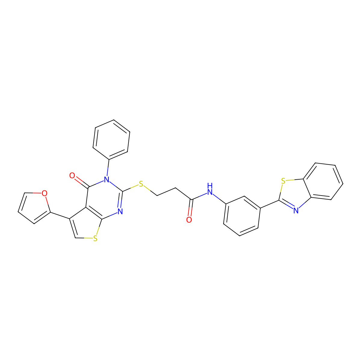 N-[3-(1,3-benzothiazol-2-yl)phenyl]-3-[5-(furan-2-yl)-4-oxo-3-phenylthieno[2,3-d]pyrimidin-2-yl]sulfanylpropanamide molecular structure, CAS 727688-82-6
