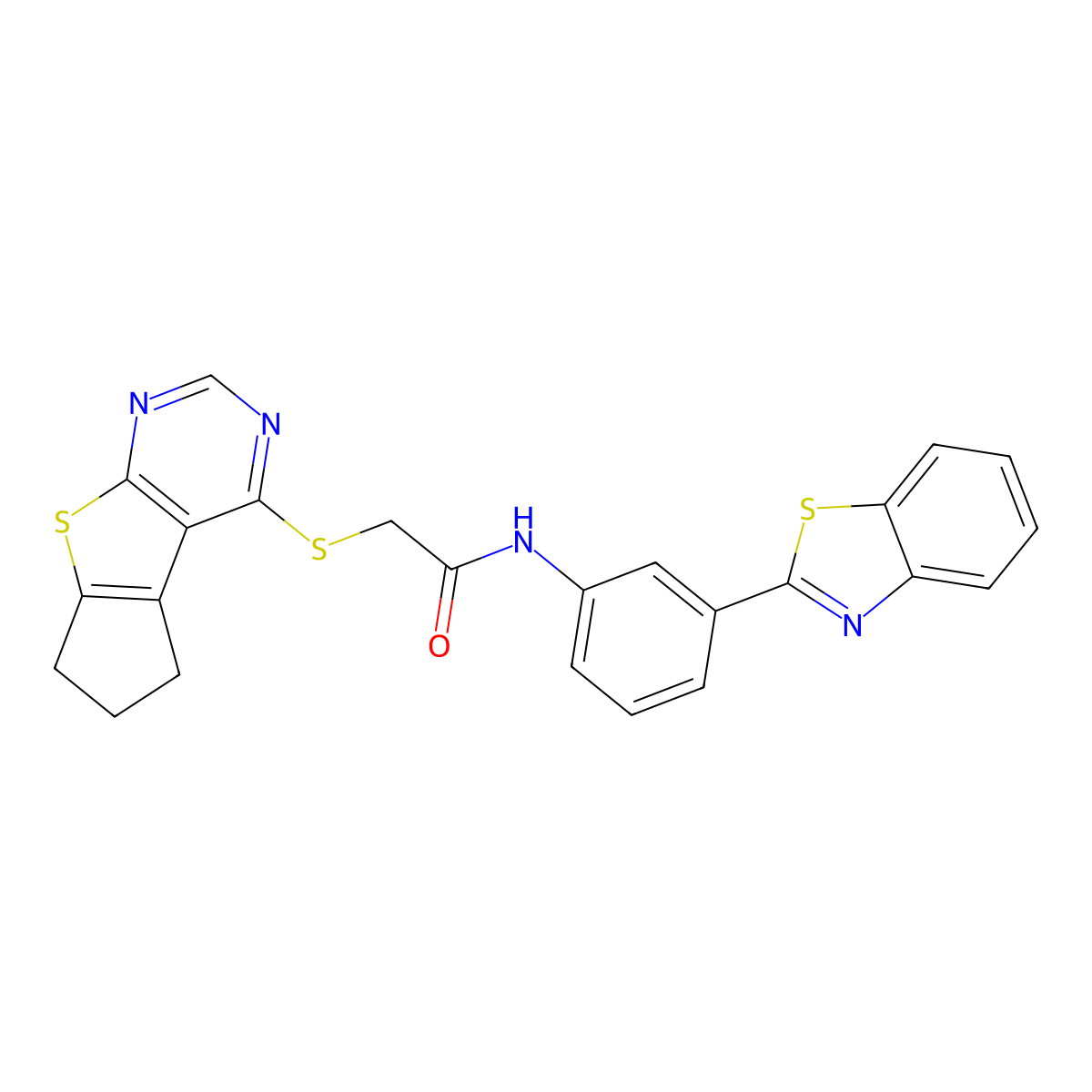 N-[3-(1,3-benzothiazol-2-yl)phenyl]-2-{7-thia-9,11-diazatricyclo[6.4.0.0^{2,6}]dodeca-1(8),2(6),9,11-tetraen-12-ylsulfanyl}acetamide molecular structure, CAS 727688-84-8