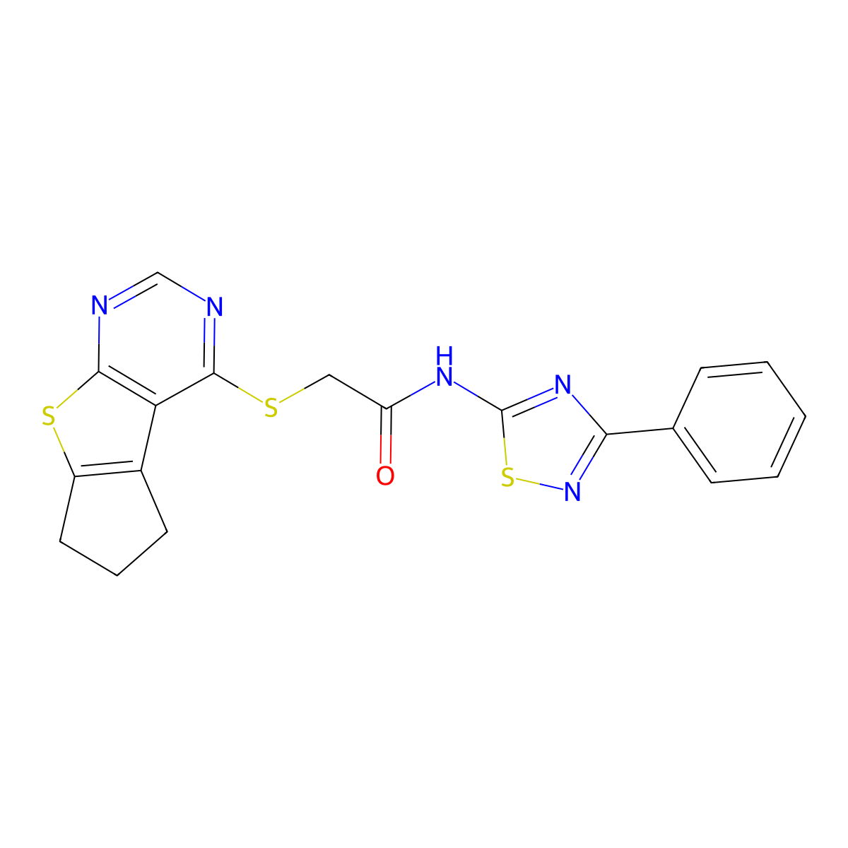 2-((6,7-dihydro-5H-cyclopenta[4,5]thieno[2,3-d]pyrimidin-4-yl)thio)-N-(3-phenyl-1,2,4-thiadiazol-5-yl)acetamide molecular structure, CAS 727688-85-9