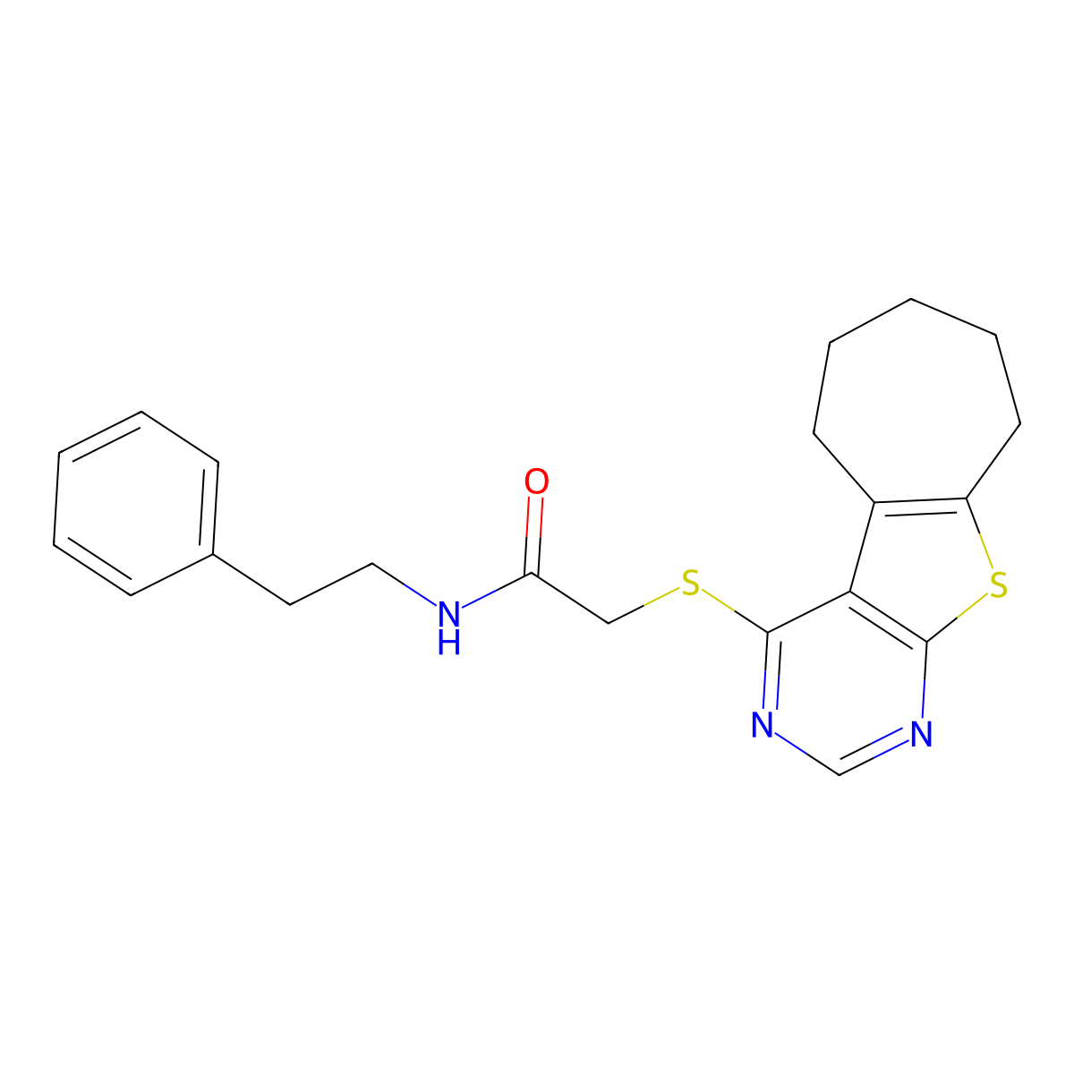 N-phenethyl-2-((6,7,8,9-tetrahydro-5H-cyclohepta[4,5]thieno[2,3-d]pyrimidin-4-yl)thio)acetamide molecular structure, CAS 727688-88-2