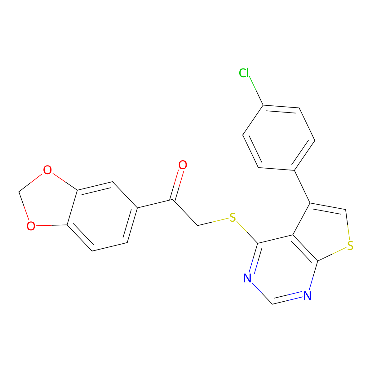 1-(2H-1,3-benzodioxol-5-yl)-2-{[5-(4-chlorophenyl)thieno[2,3-d]pyrimidin-4-yl]sulfanyl}ethan-1-one molecular structure, CAS 727688-90-6