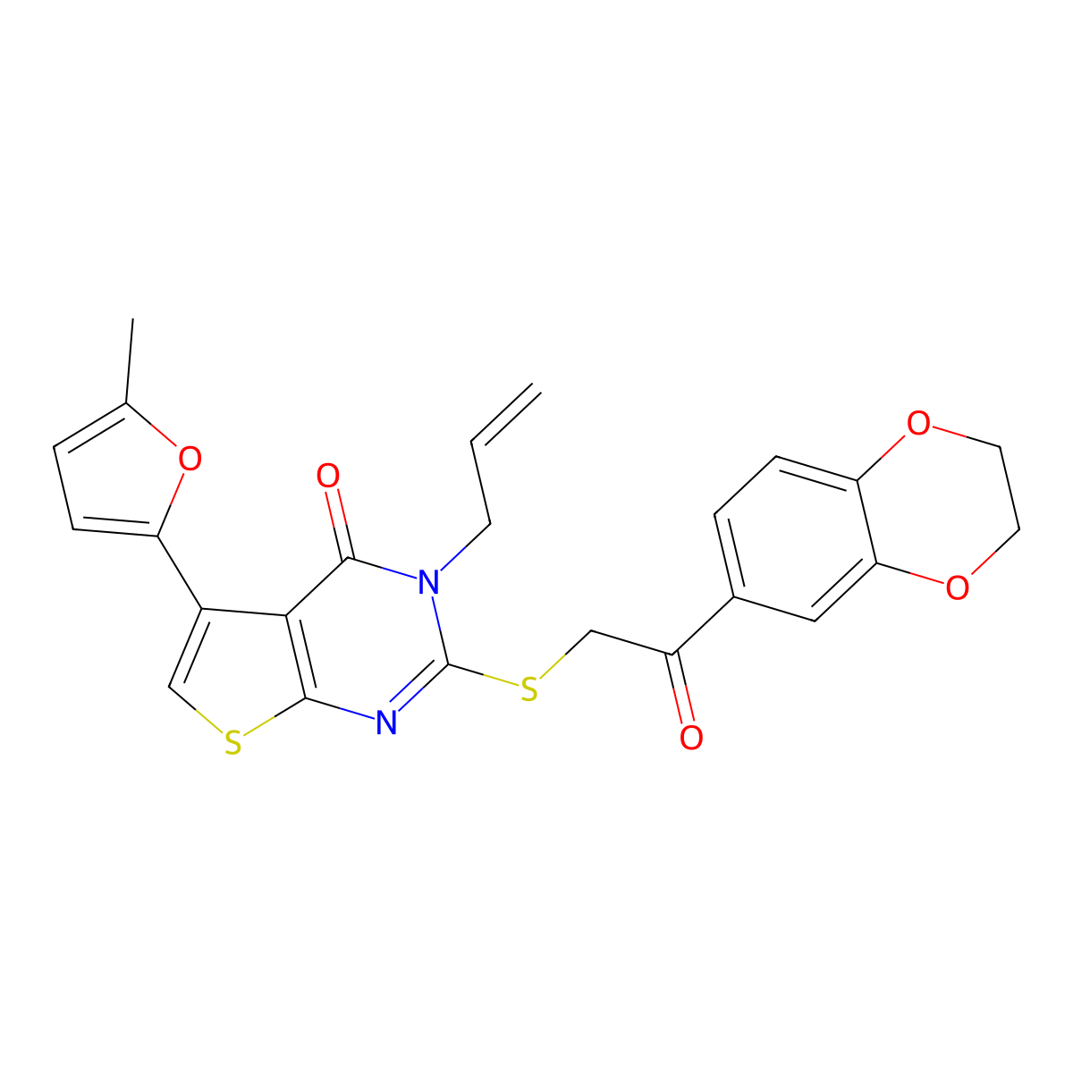 2-[2-(2,3-Dihydro-1,4-benzodioxin-6-yl)-2-oxoethyl]sulfanyl-5-(5-methylfuran-2-yl)-3-prop-2-enylthieno[2,3-d]pyrimidin-4-one molecular structure, CAS 727688-93-9