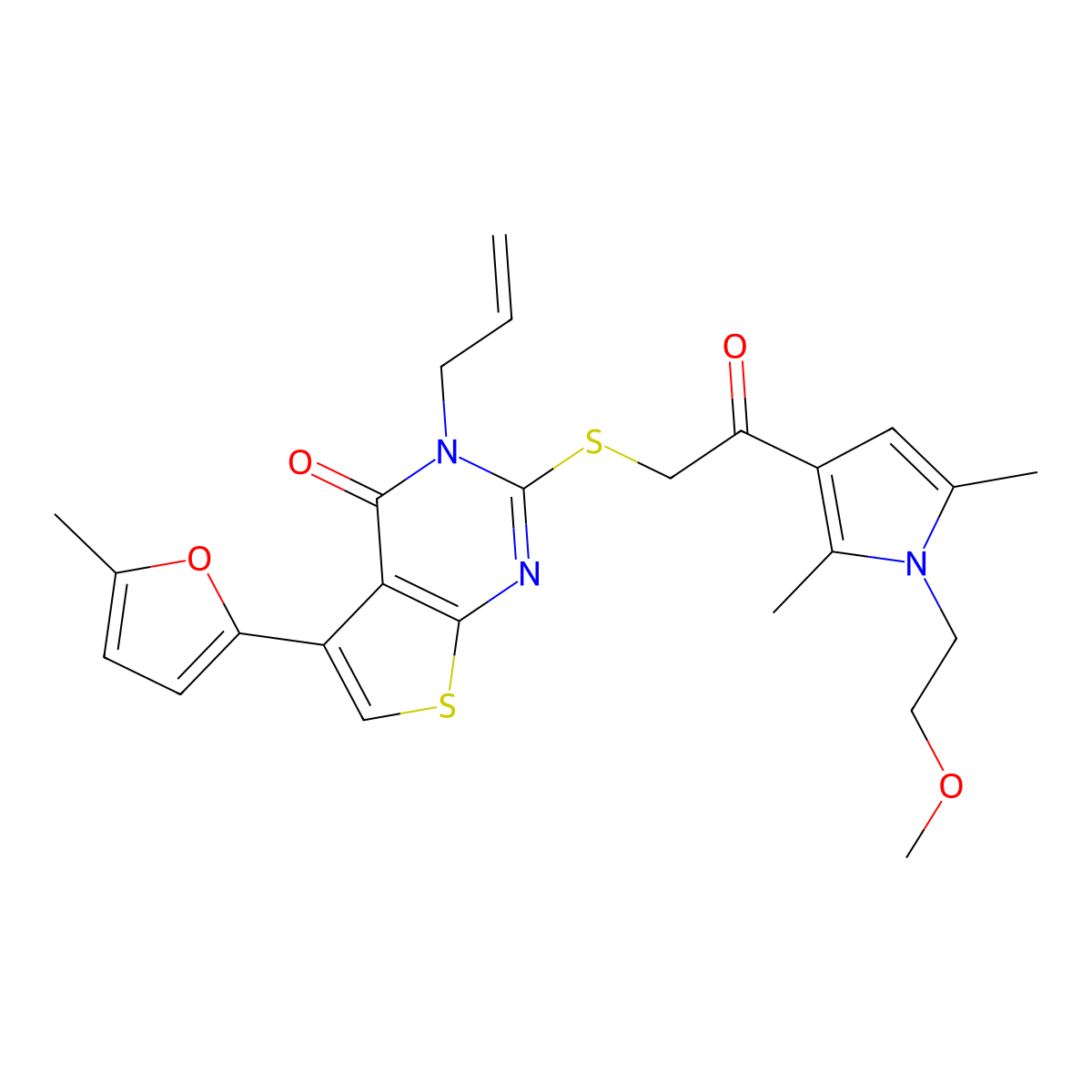 2-({2-[1-(2-methoxyethyl)-2,5-dimethyl-1H-pyrrol-3-yl]-2-oxoethyl}sulfanyl)-5-(5-methylfuran-2-yl)-3-(prop-2-en-1-yl)-3H,4H-thieno[2,3-d]pyrimidin-4-one molecular structure, CAS 727688-94-0