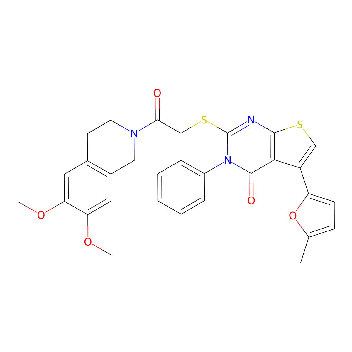 2-[2-(6,7-dimethoxy-3,4-dihydro-1H-isoquinolin-2-yl)-2-oxoethyl]sulfanyl-5-(5-methylfuran-2-yl)-3-phenylthieno[2,3-d]pyrimidin-4-one molecular structure, CAS 727688-95-1
