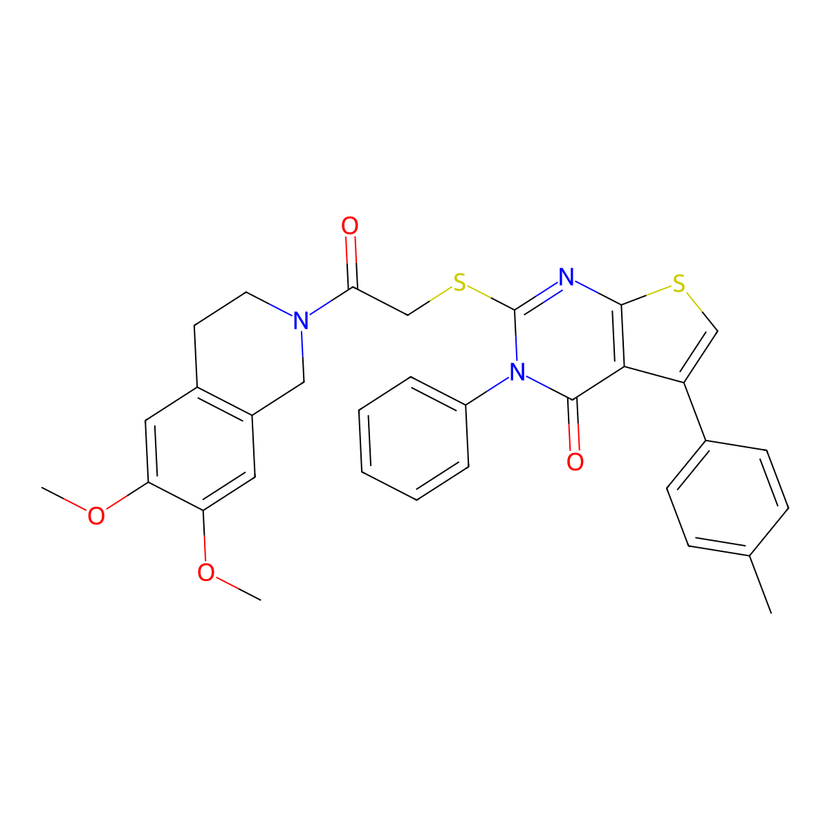 2-[2-(6,7-dimethoxy-3,4-dihydro-1H-isoquinolin-2-yl)-2-oxoethyl]sulfanyl-5-(4-methylphenyl)-3-phenylthieno[2,3-d]pyrimidin-4-one molecular structure, CAS 727688-96-2