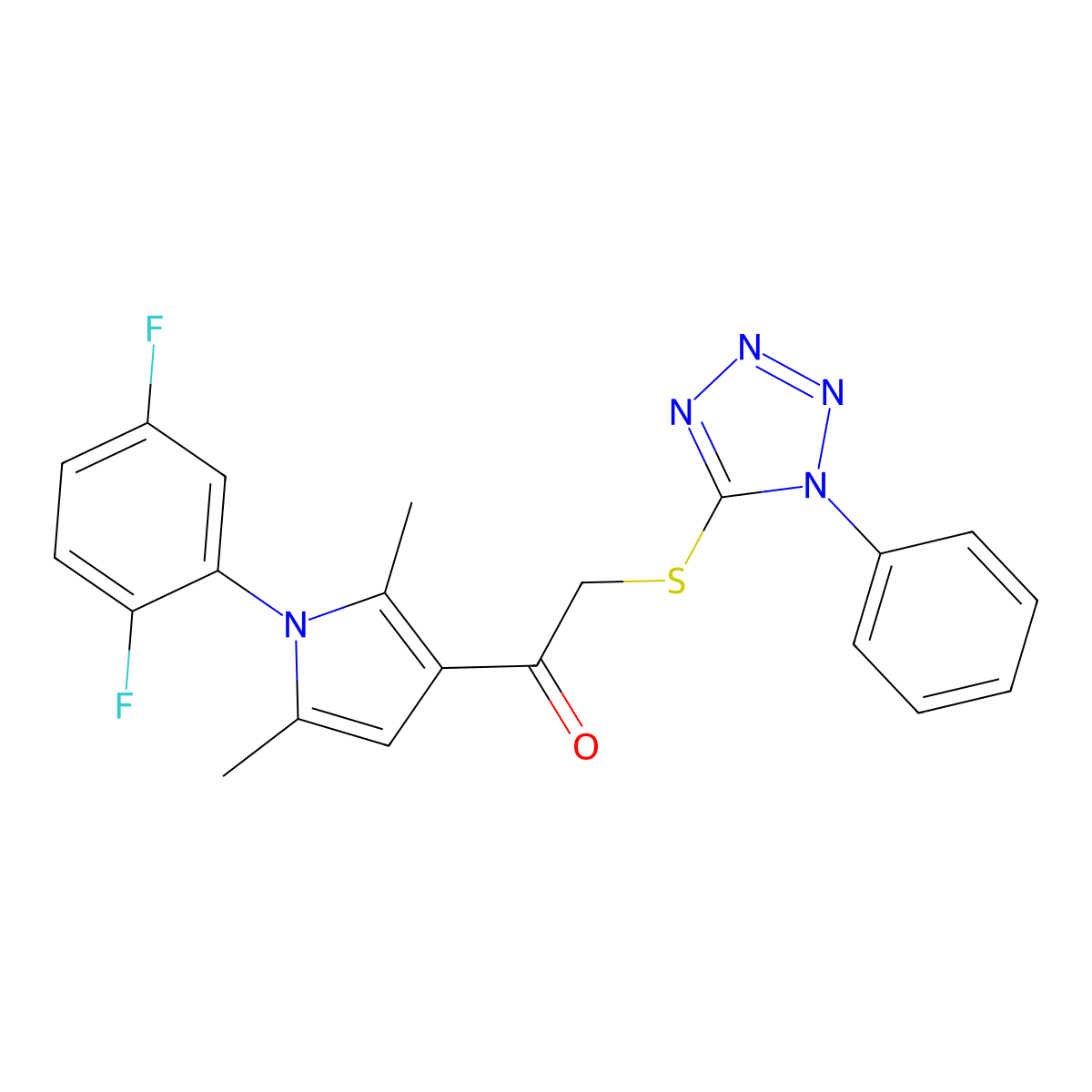1-(1-(2,5-difluorophenyl)-2,5-dimethyl-1H-pyrrol-3-yl)-2-((1-phenyl-1H-tetrazol-5-yl)thio)ethanone molecular structure, CAS 727689-35-2