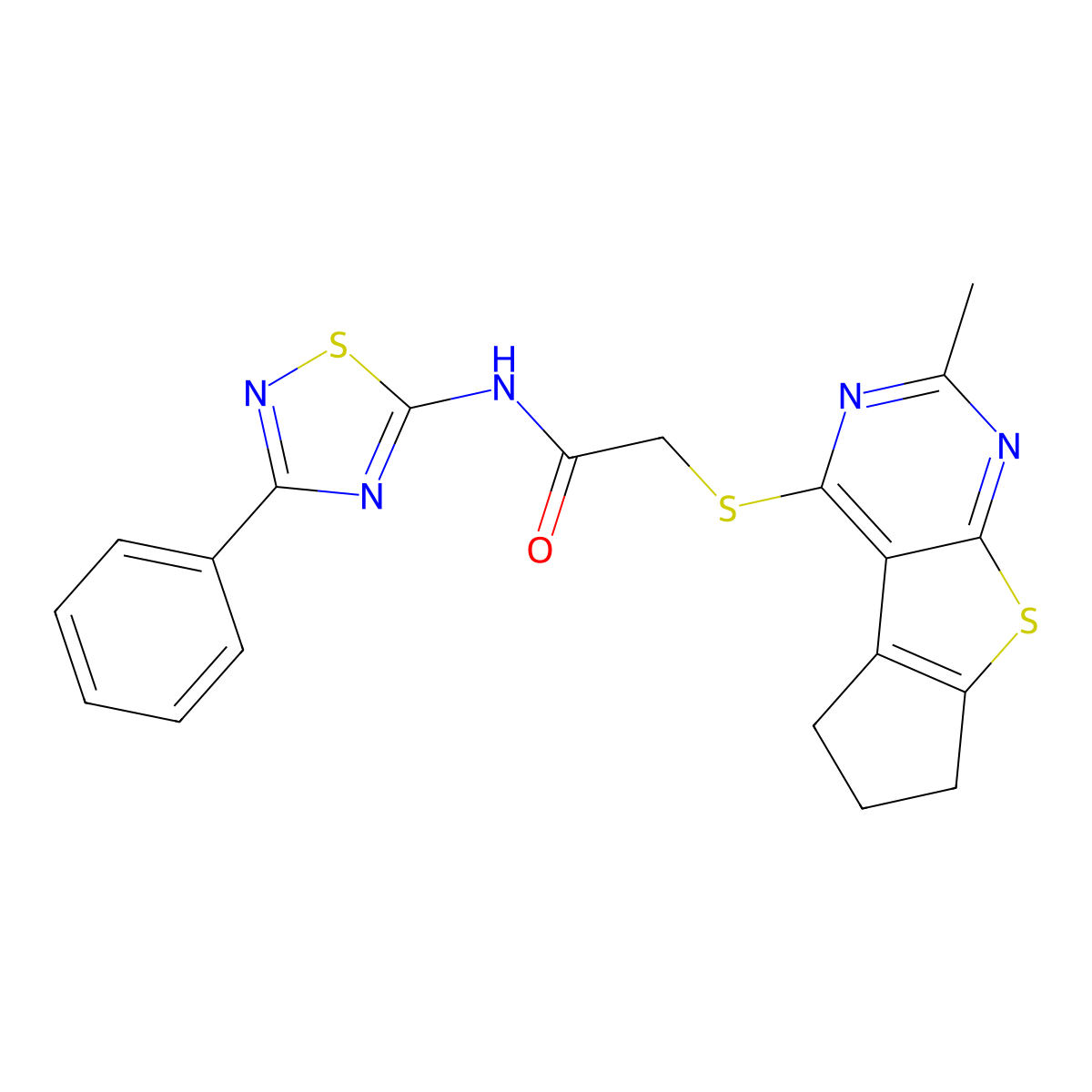 2-({10-methyl-7-thia-9,11-diazatricyclo[6.4.0.0^{2,6}]dodeca-1(8),2(6),9,11-tetraen-12-yl}sulfanyl)-N-(3-phenyl-1,2,4-thiadiazol-5-yl)acetamide molecular structure, CAS 727689-36-3