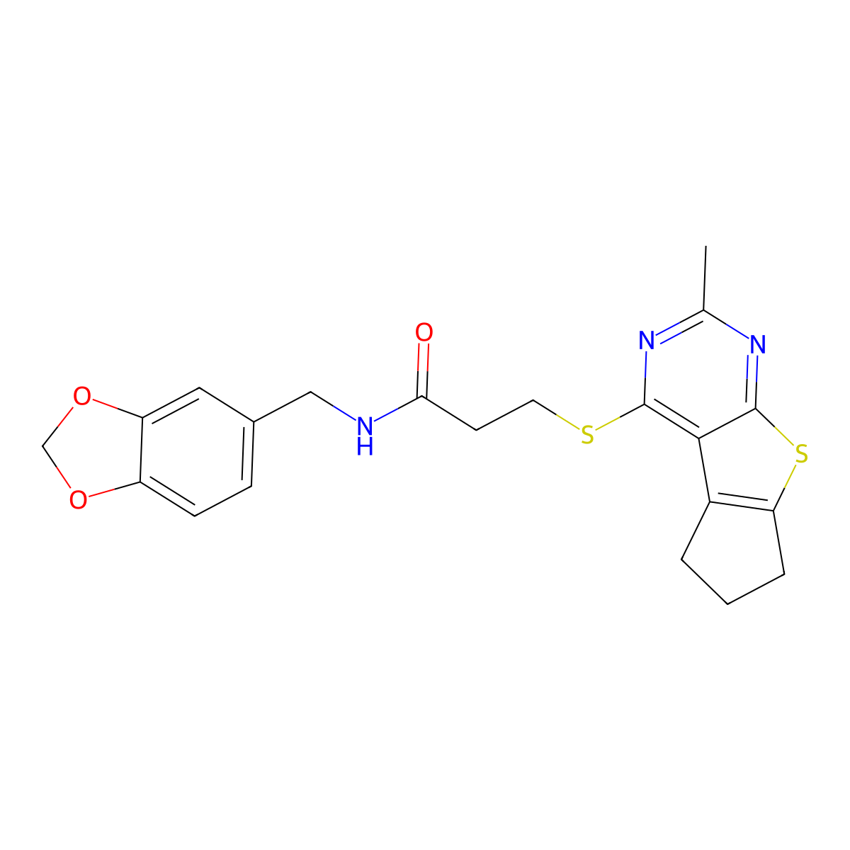 N-[(2H-1,3-benzodioxol-5-yl)methyl]-3-({10-methyl-7-thia-9,11-diazatricyclo[6.4.0.0^{2,6}]dodeca-1(8),2(6),9,11-tetraen-12-yl}sulfanyl)propanamide molecular structure, CAS 727689-38-5