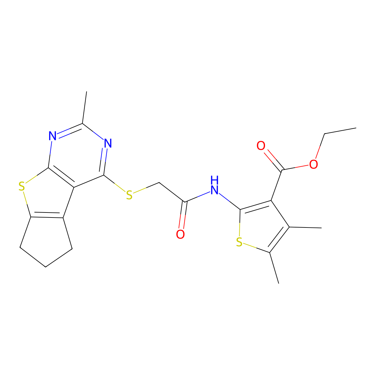 Ethyl 4,5-dimethyl-2-[2-({10-methyl-7-thia-9,11-diazatricyclo[6.4.0.0^{2,6}]dodeca-1(8),2(6),9,11-tetraen-12-yl}sulfanyl)acetamido]thiophene-3-carboxylate molecular structure, CAS 727689-40-9