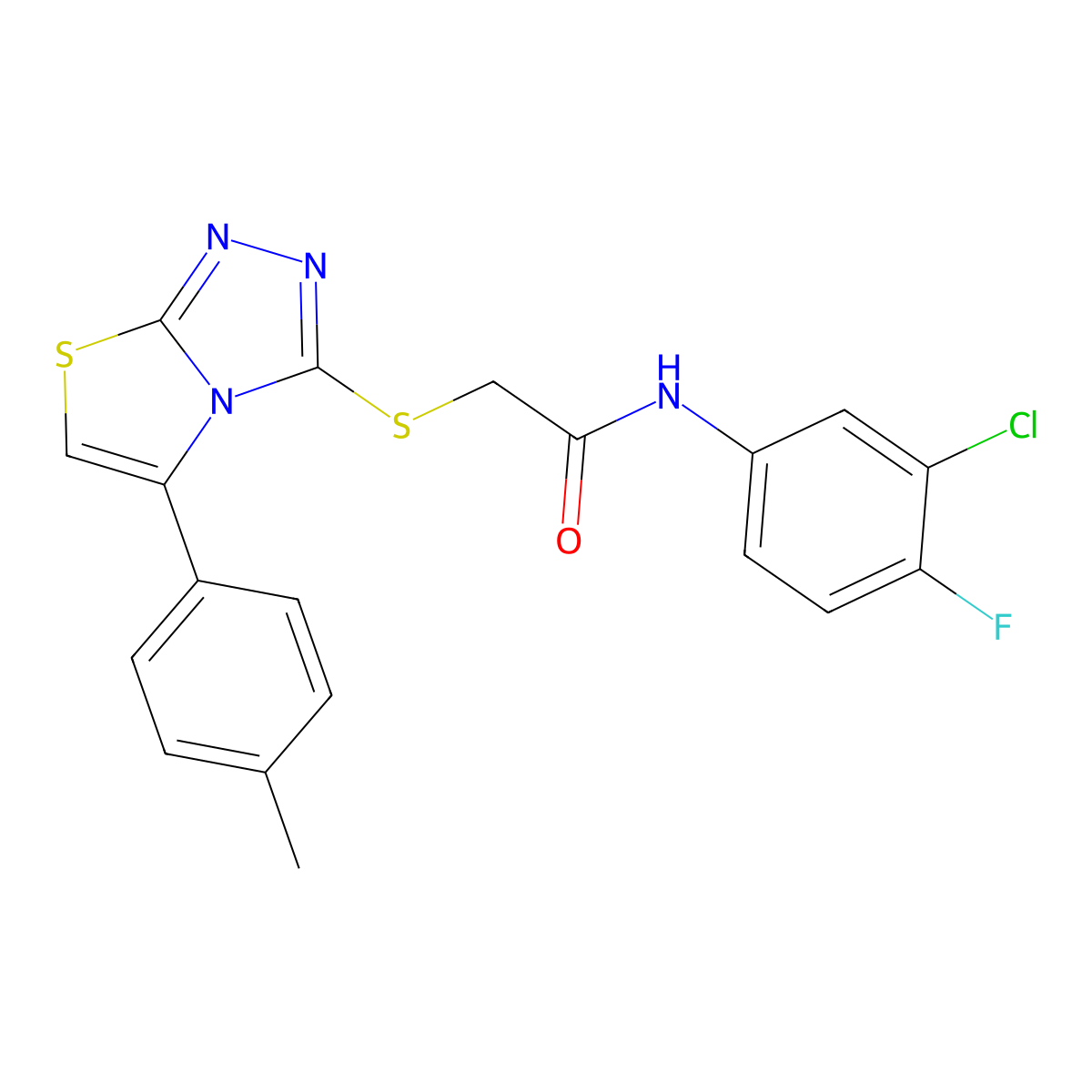 N-(3-chloro-4-fluorophenyl)-2-{[5-(4-methylphenyl)-[1,2,4]triazolo[3,4-b][1,3]thiazol-3-yl]sulfanyl}acetamide molecular structure, CAS 727689-44-3