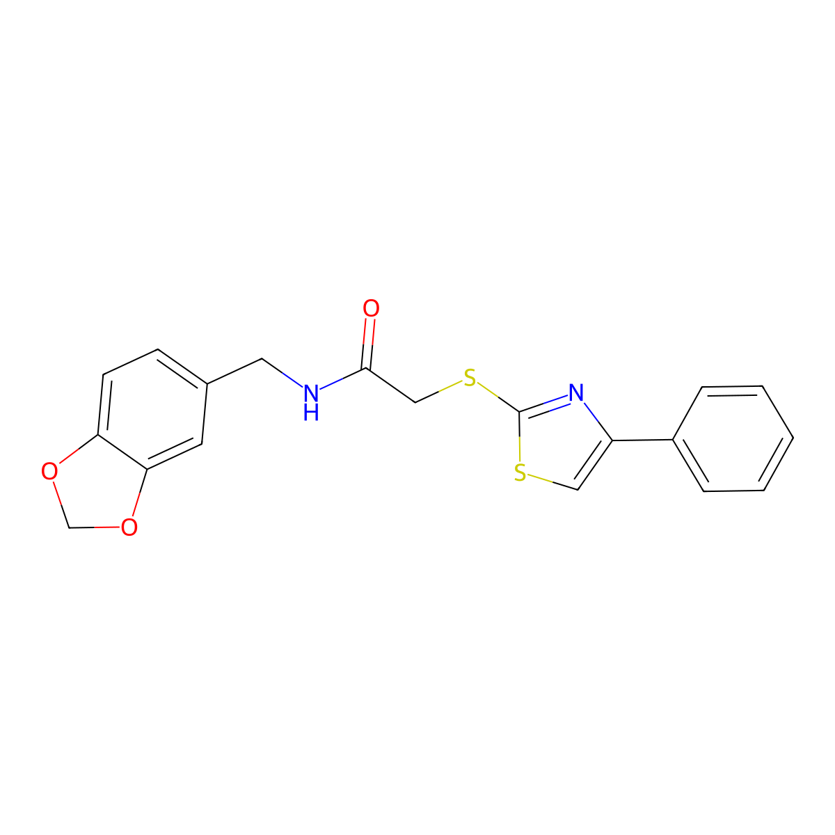 N-(benzo[d][1,3]dioxol-5-ylmethyl)-2-((4-phenylthiazol-2-yl)thio)acetamide molecular structure, CAS 727689-61-4