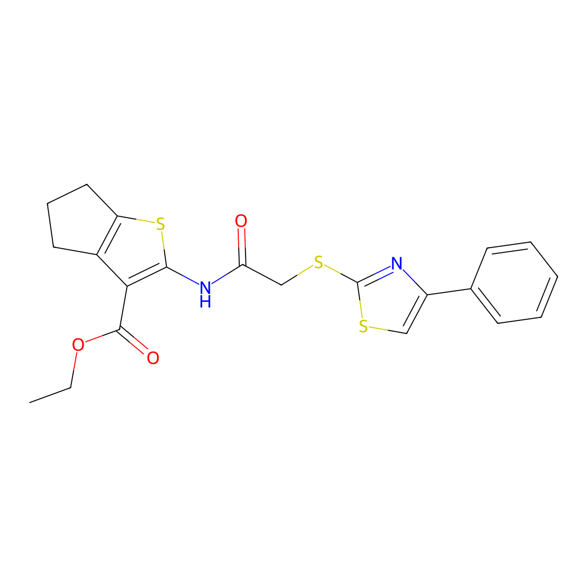 ethyl 2-(2-((4-phenylthiazol-2-yl)thio)acetamido)-5,6-dihydro-4H-cyclopenta[b]thiophene-3-carboxylate molecular structure, CAS 727689-63-6