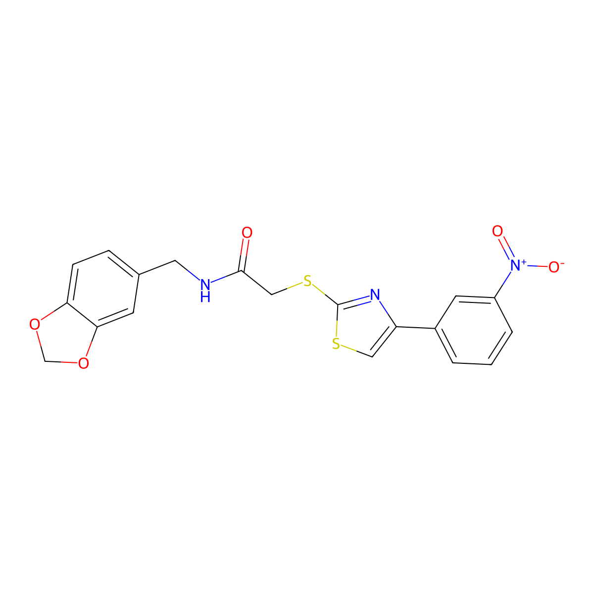 N-(benzo[d][1,3]dioxol-5-ylmethyl)-2-((4-(3-nitrophenyl)thiazol-2-yl)thio)acetamide molecular structure, CAS 727689-68-1