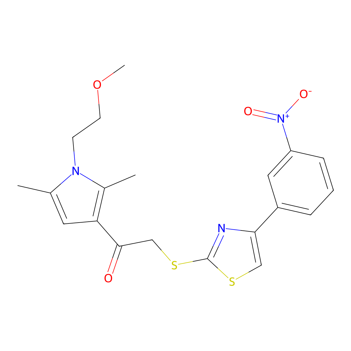 1-(1-(2-methoxyethyl)-2,5-dimethyl-1H-pyrrol-3-yl)-2-((4-(3-nitrophenyl)thiazol-2-yl)thio)ethanone molecular structure, CAS 727689-80-7